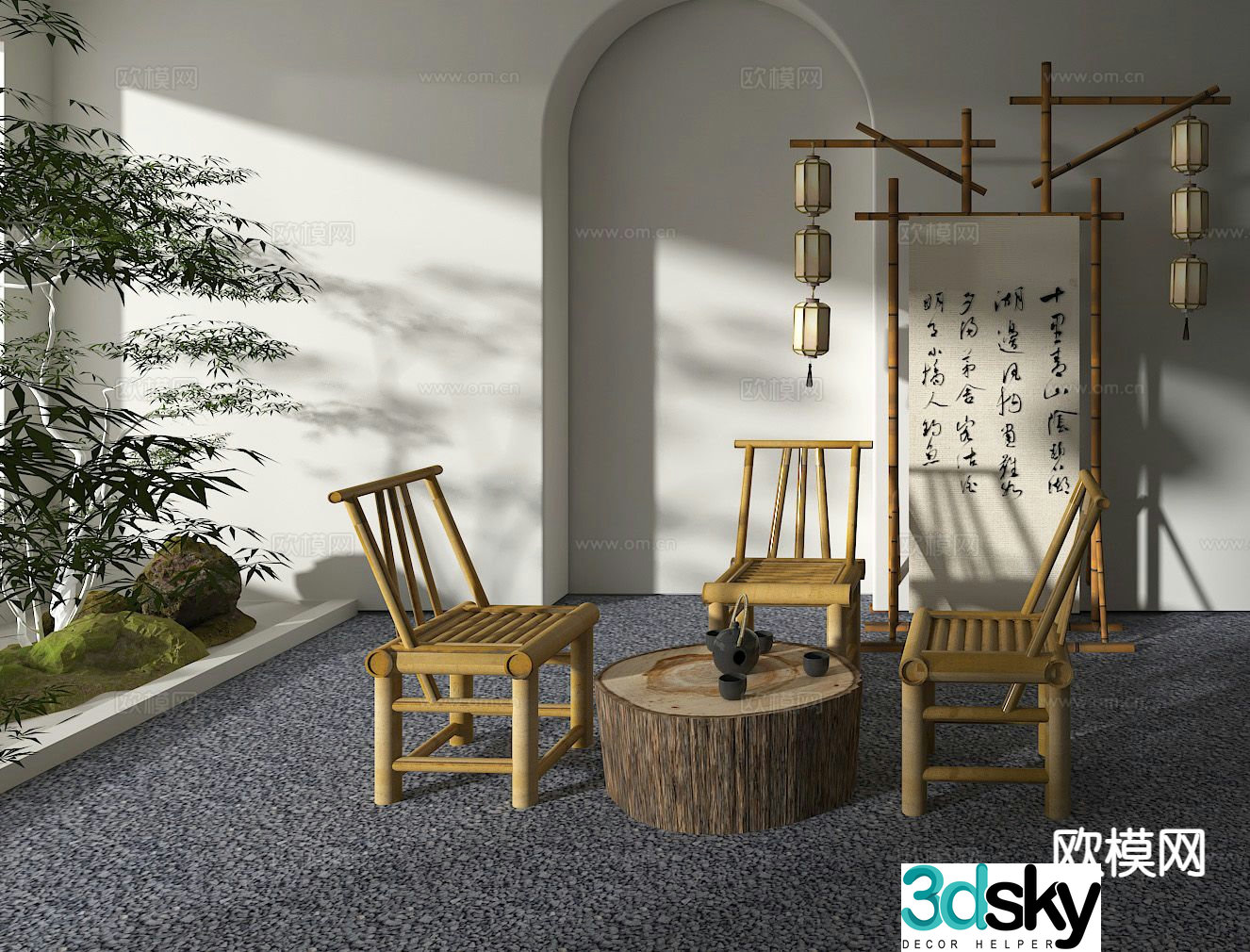 Chinese tea tables and chairs outdoor tables and chairs leisure tables and chairs bamboo chairs bamboo row tables 3D model