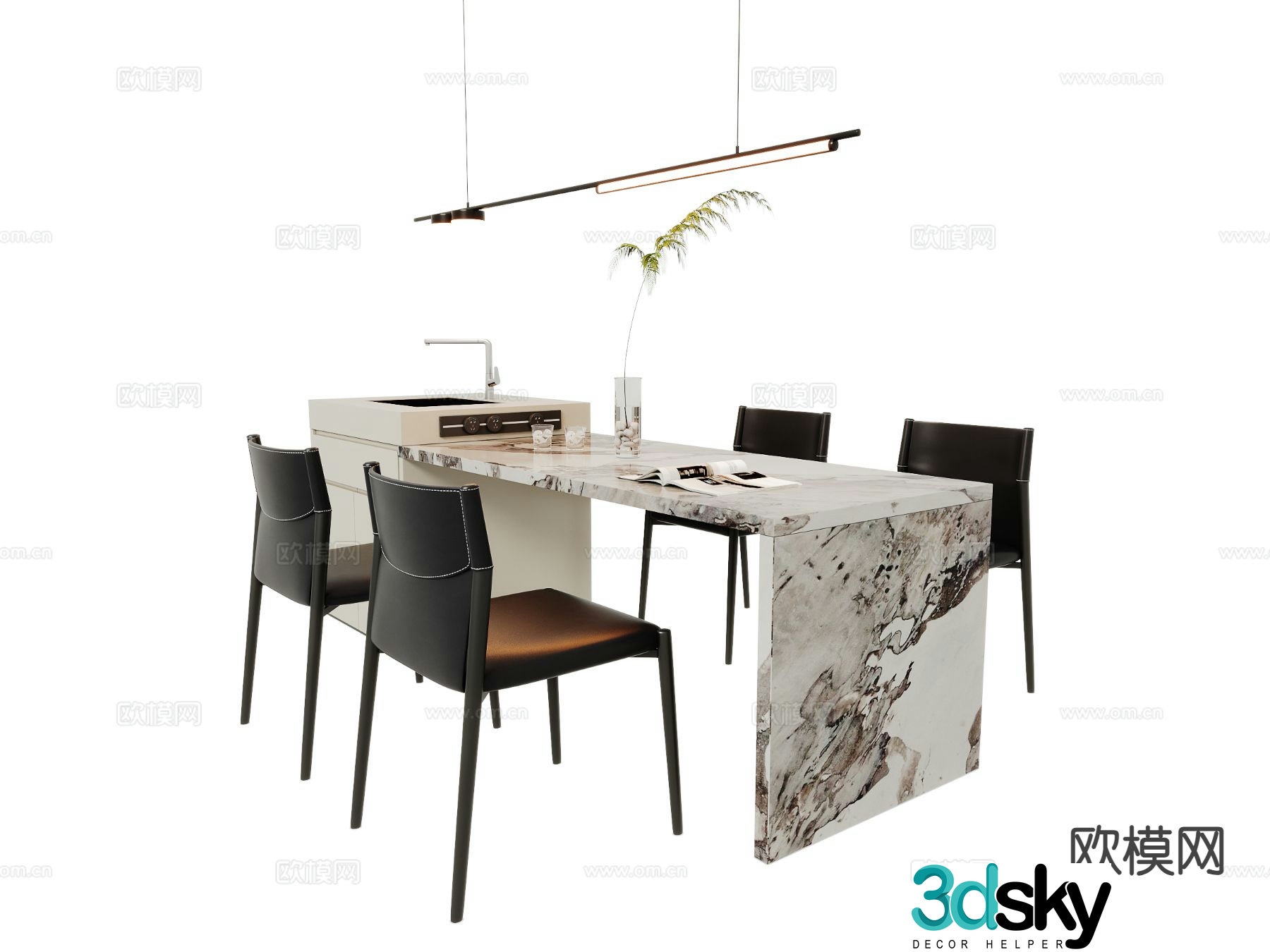 Modern island dining table and chairs 3d model