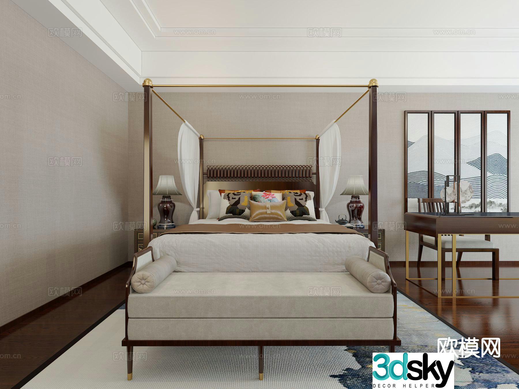 New Chinese style double bed canopy bed 3d model