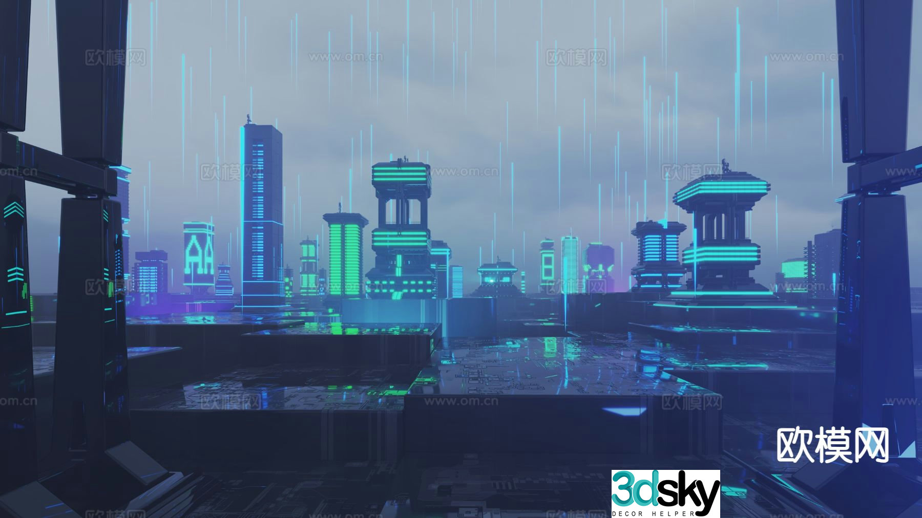 science fiction future concept circuit board particle city scene 3d model