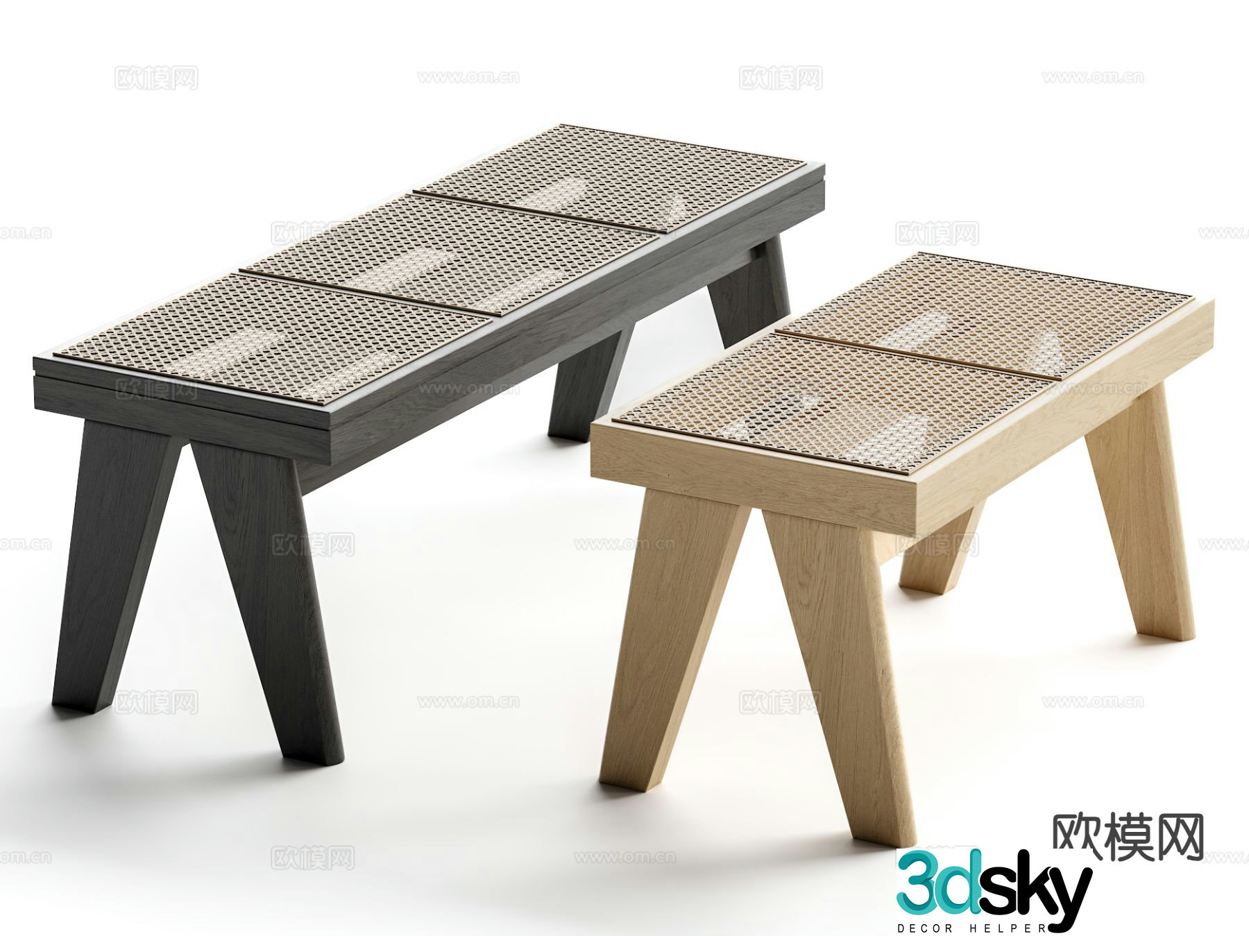 Wabi-sabi bench rattan bench dining side stool bar stool 3D model