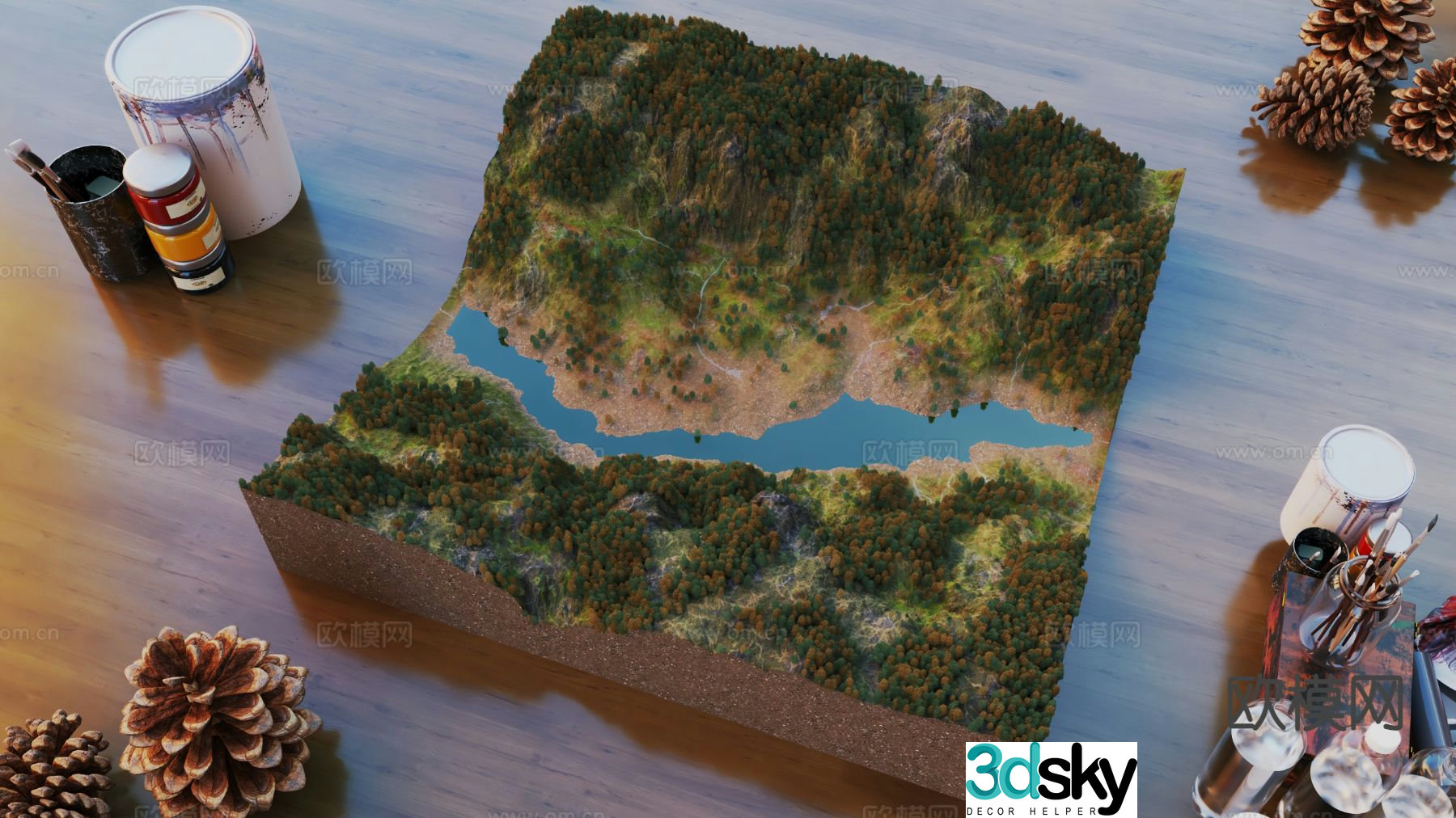 Miniature scene mountains sand table forest river 3d model