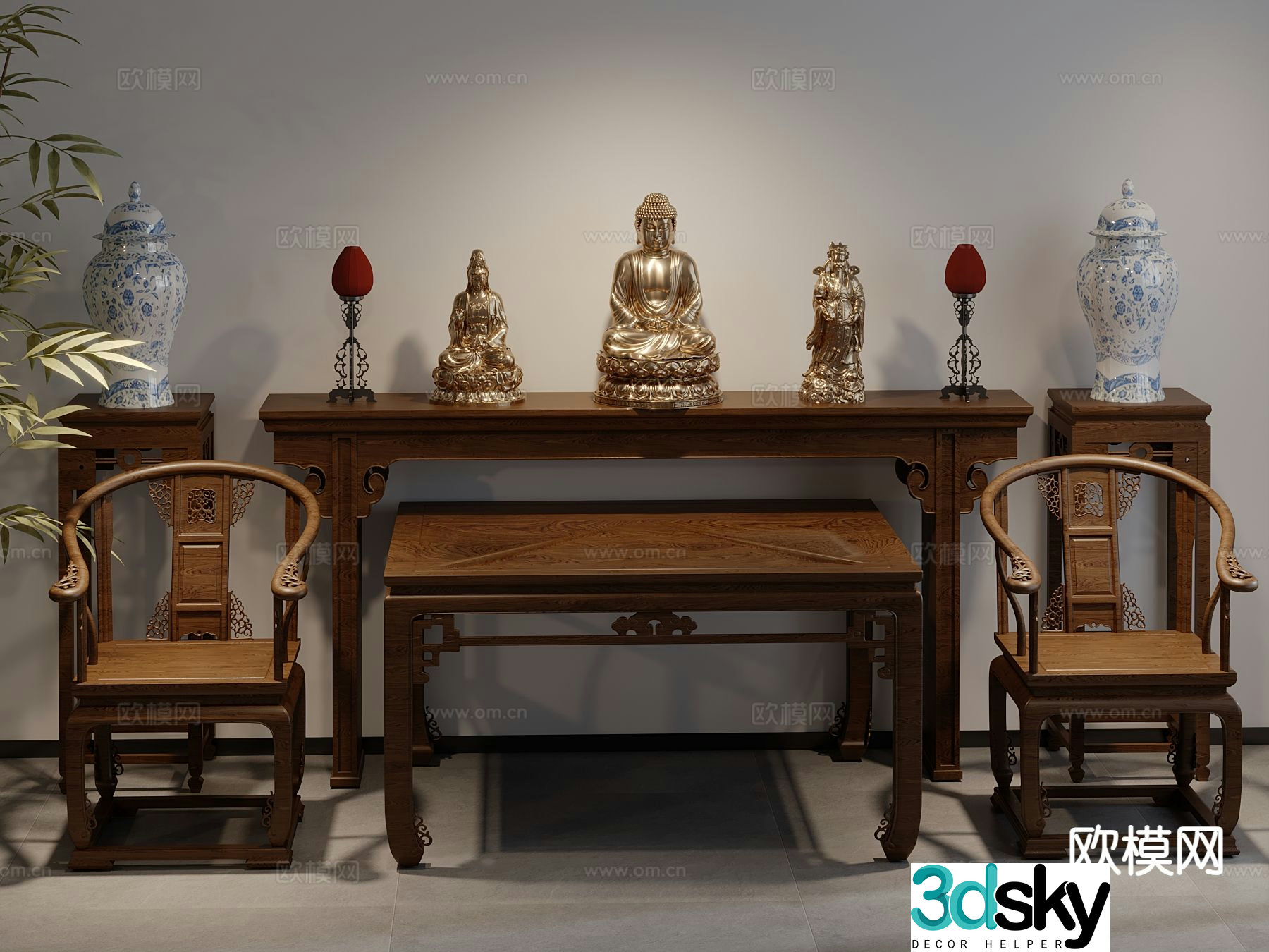 New Chinese style Buddhist niche Buddha statue altar 3D model