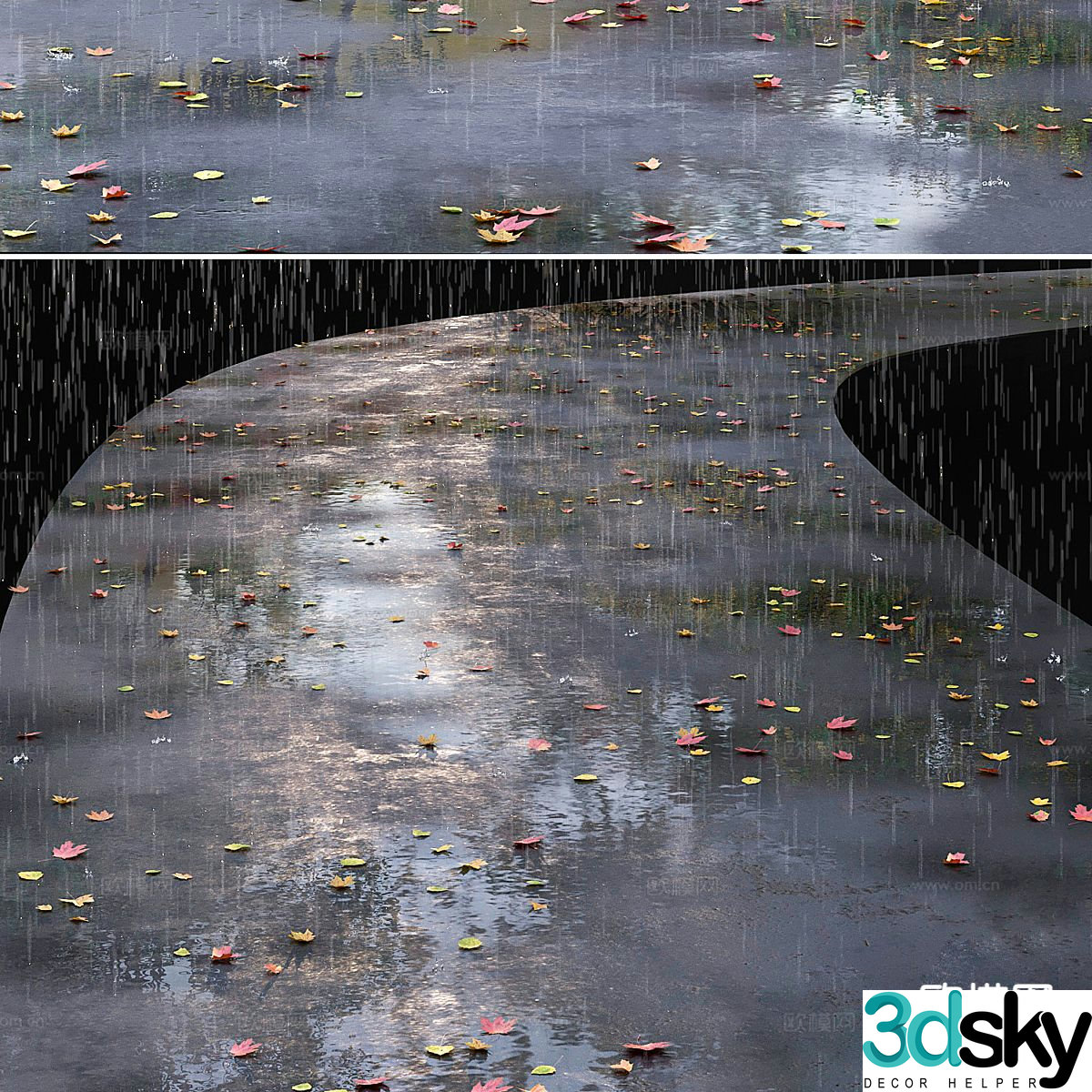 Garden road paving cement road rain scene 3d model
