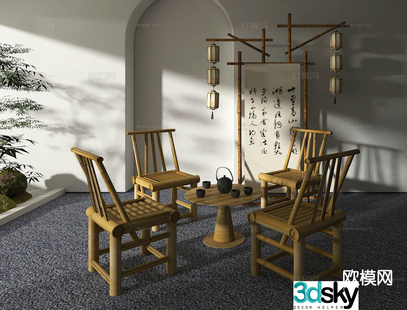 Chinese tea tables and chairs outdoor tables and chairs leisure tables and chairs bamboo chairs bamboo row tables 3D model
