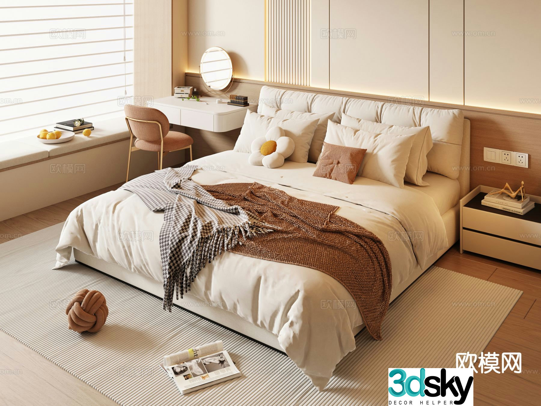Cream style double bed 3d model