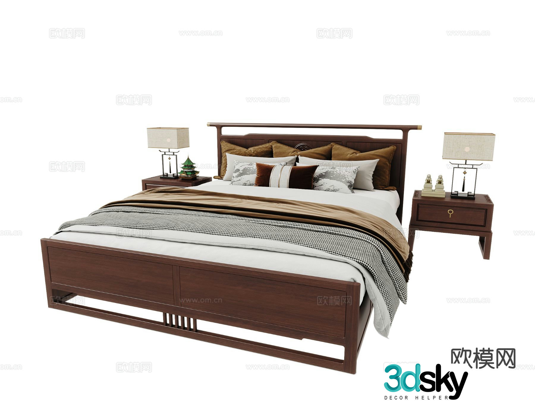 New Chinese style double bed 3d model