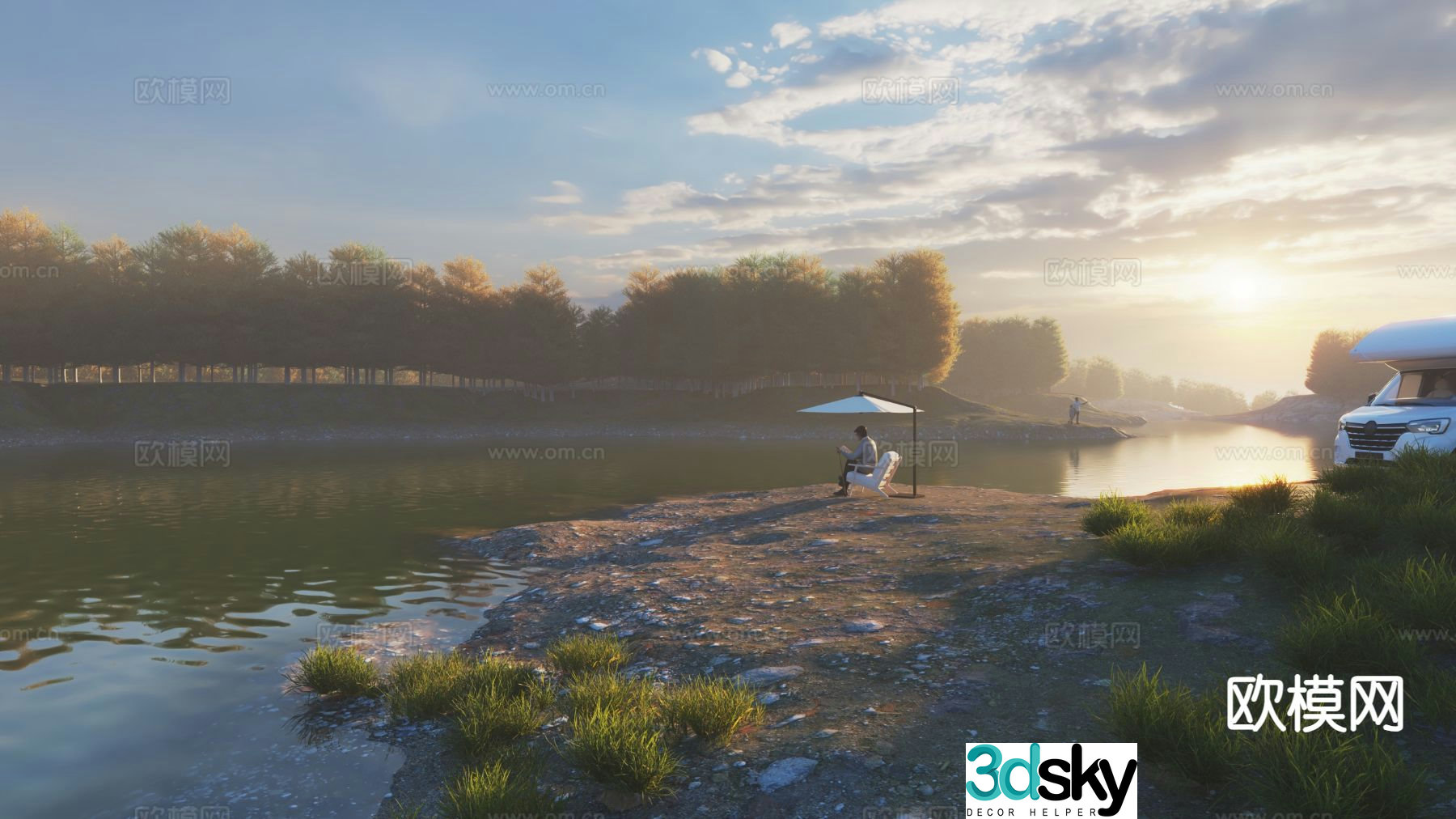 dusk early morning riverside scenery lakeside scenery 3d model