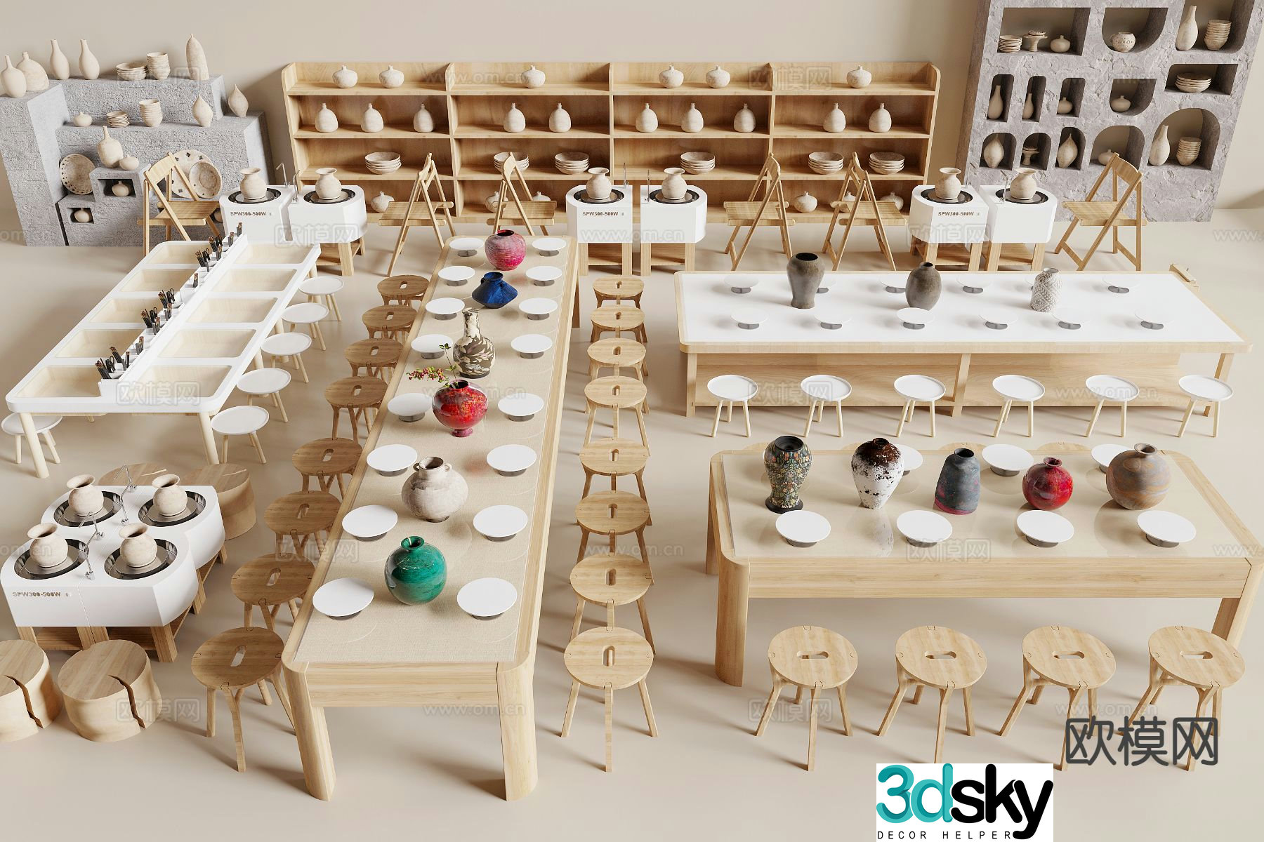 Modern ceramic table and chair workbench 3d model