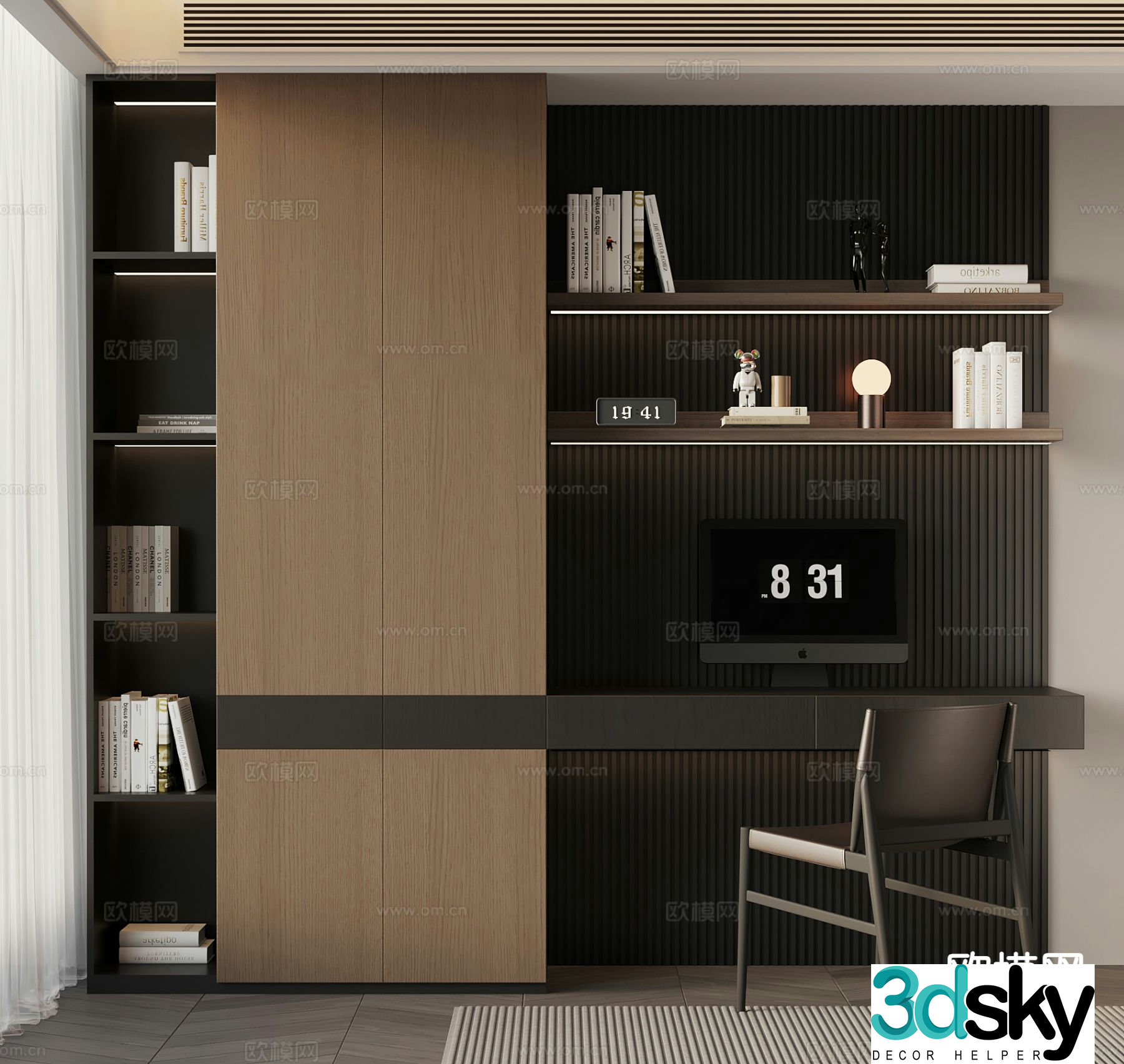 Italian style integrated bookcase desk chair 3d model