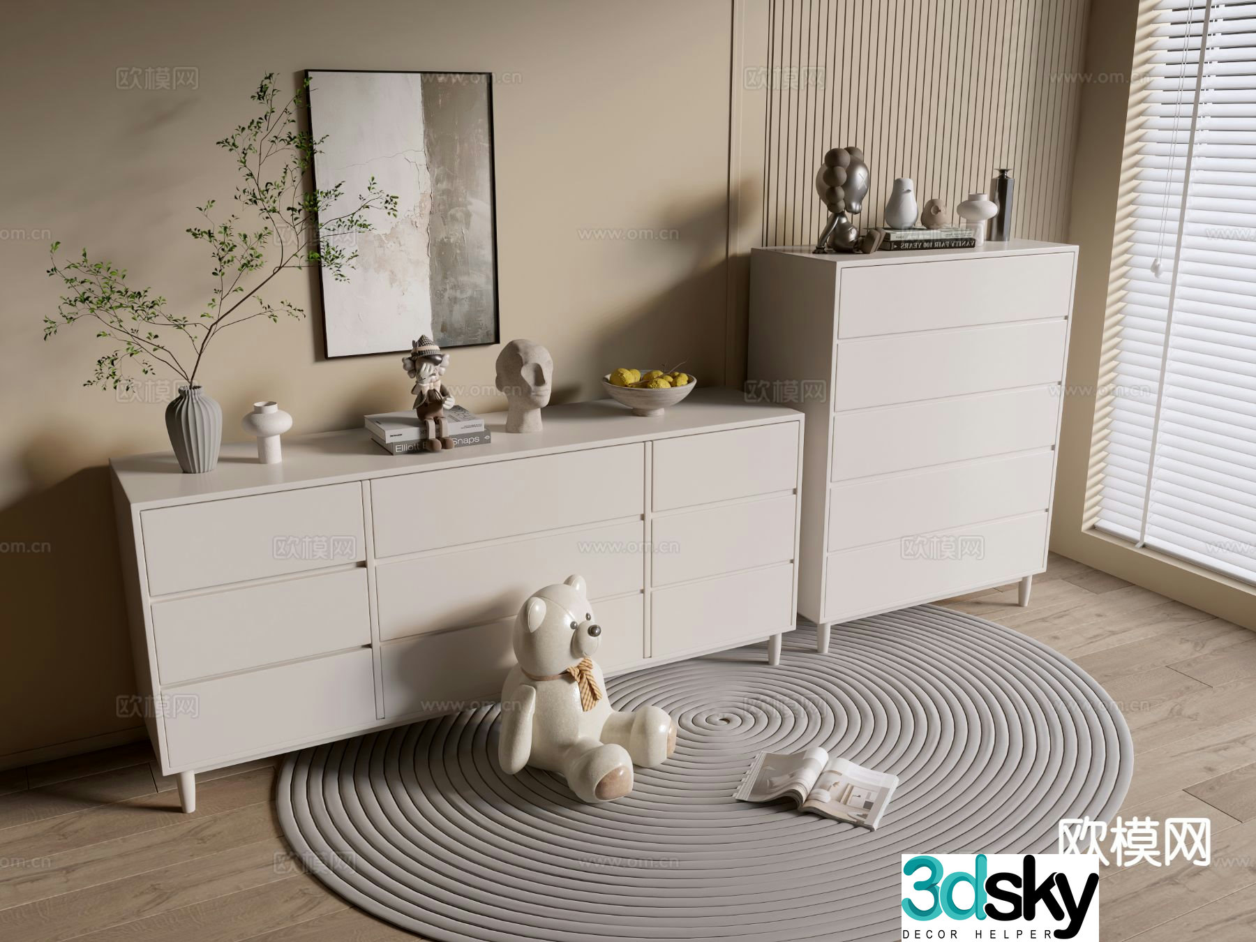 Cream style chest of drawers side cabinet 3d model
