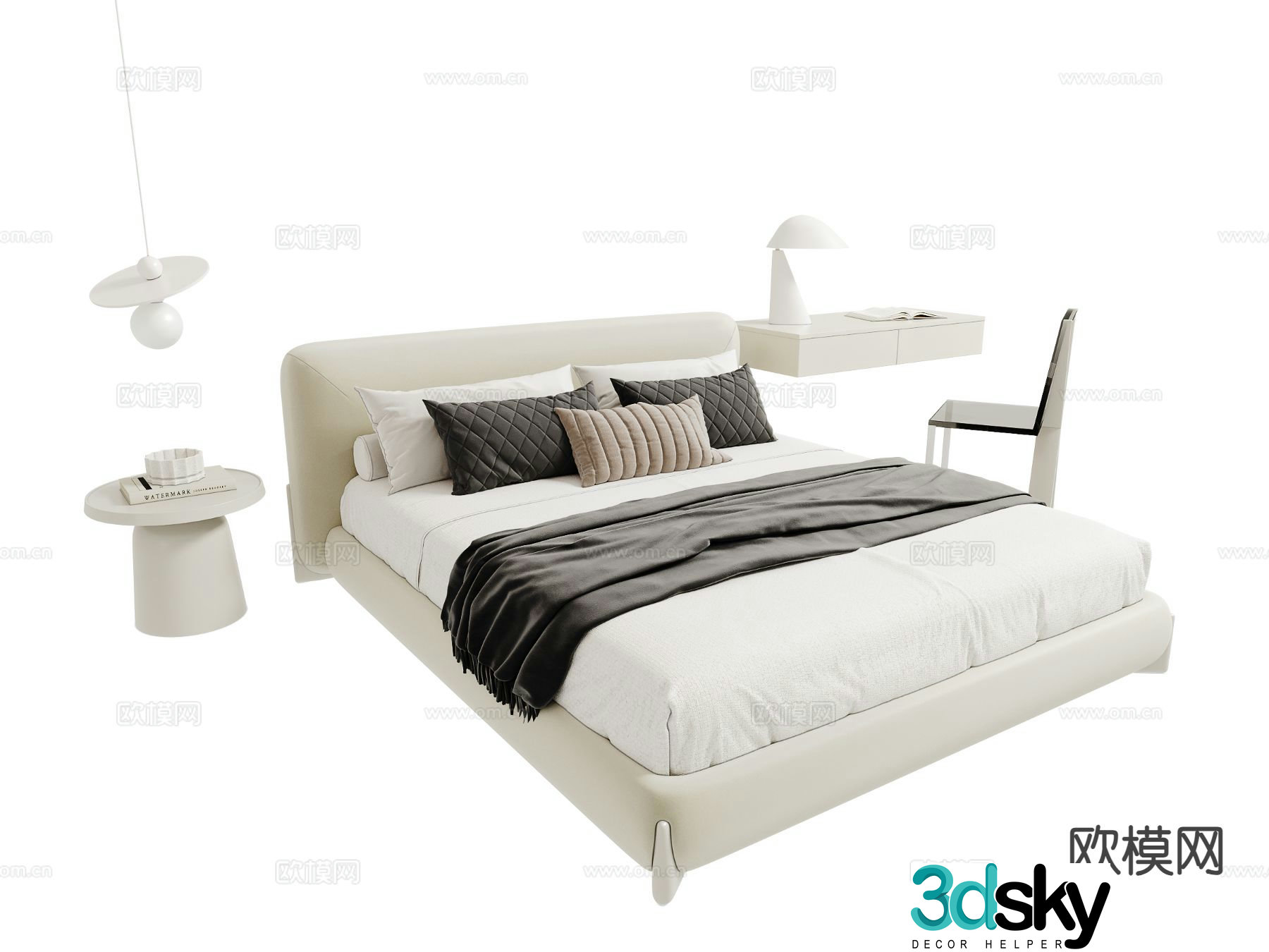 Cream style double bed floating desk 3d model