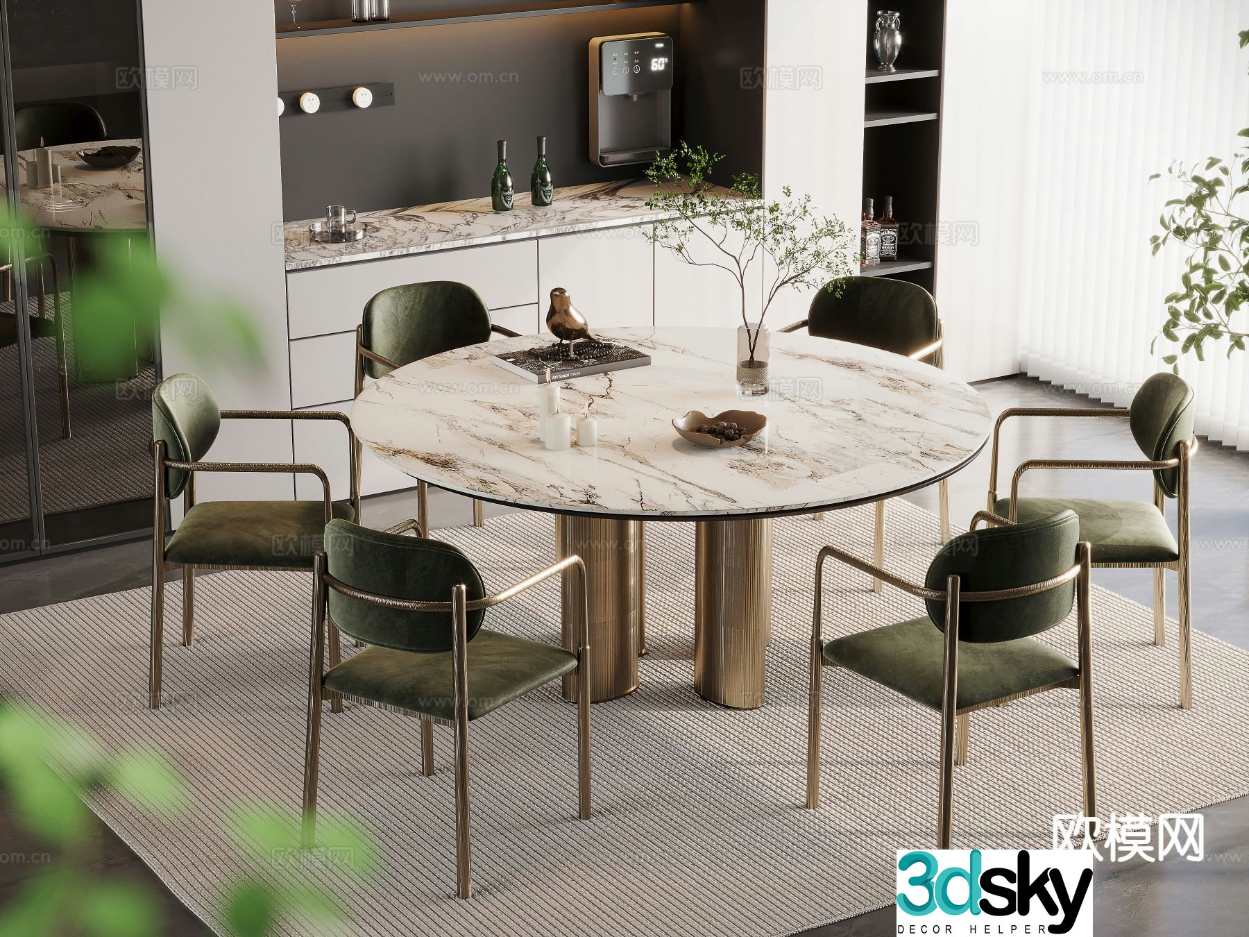 Light luxury dining table and chairs round dining table 3D model