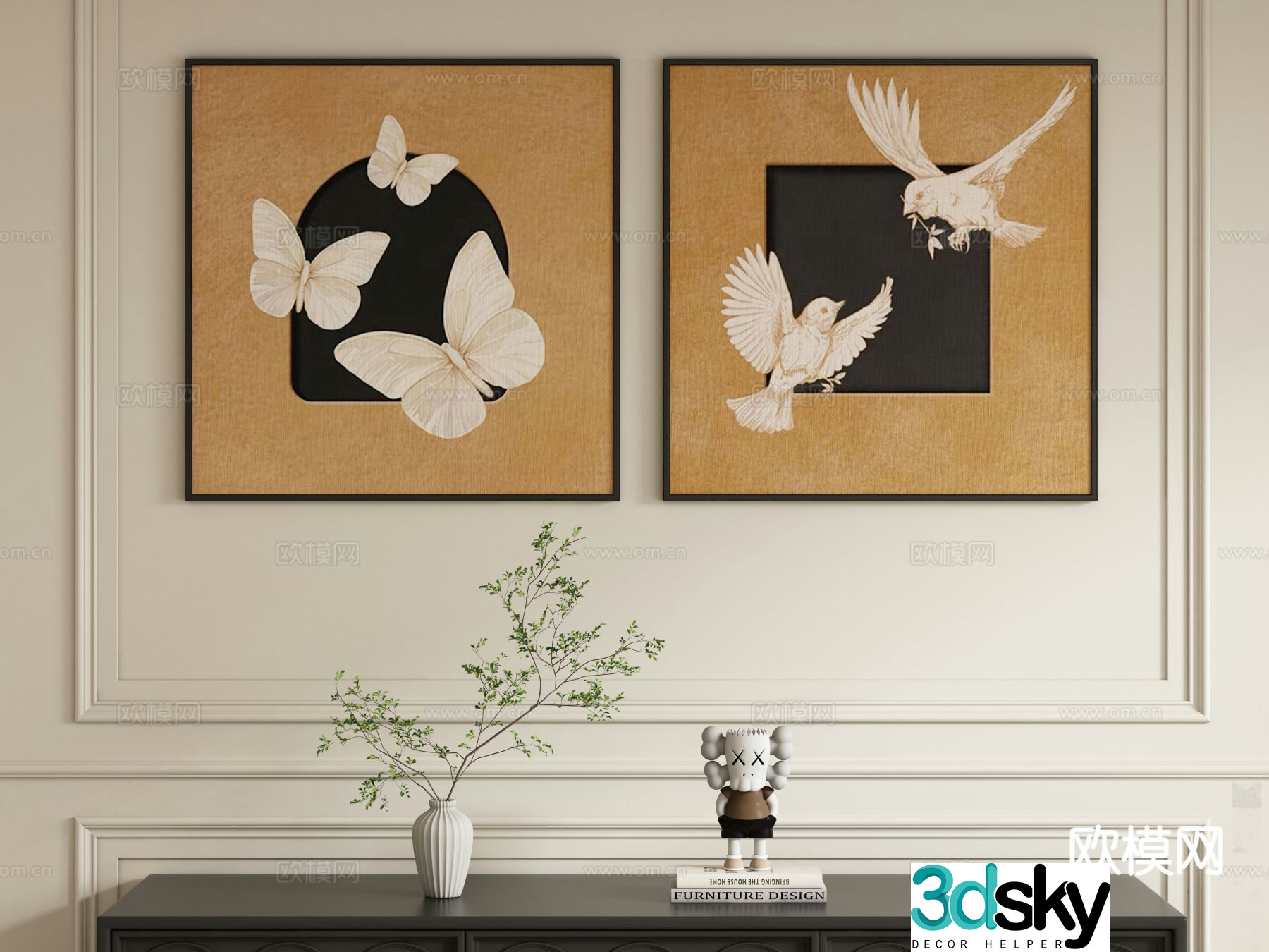 Medieval style retro painting butterfly decorative painting 3d model
