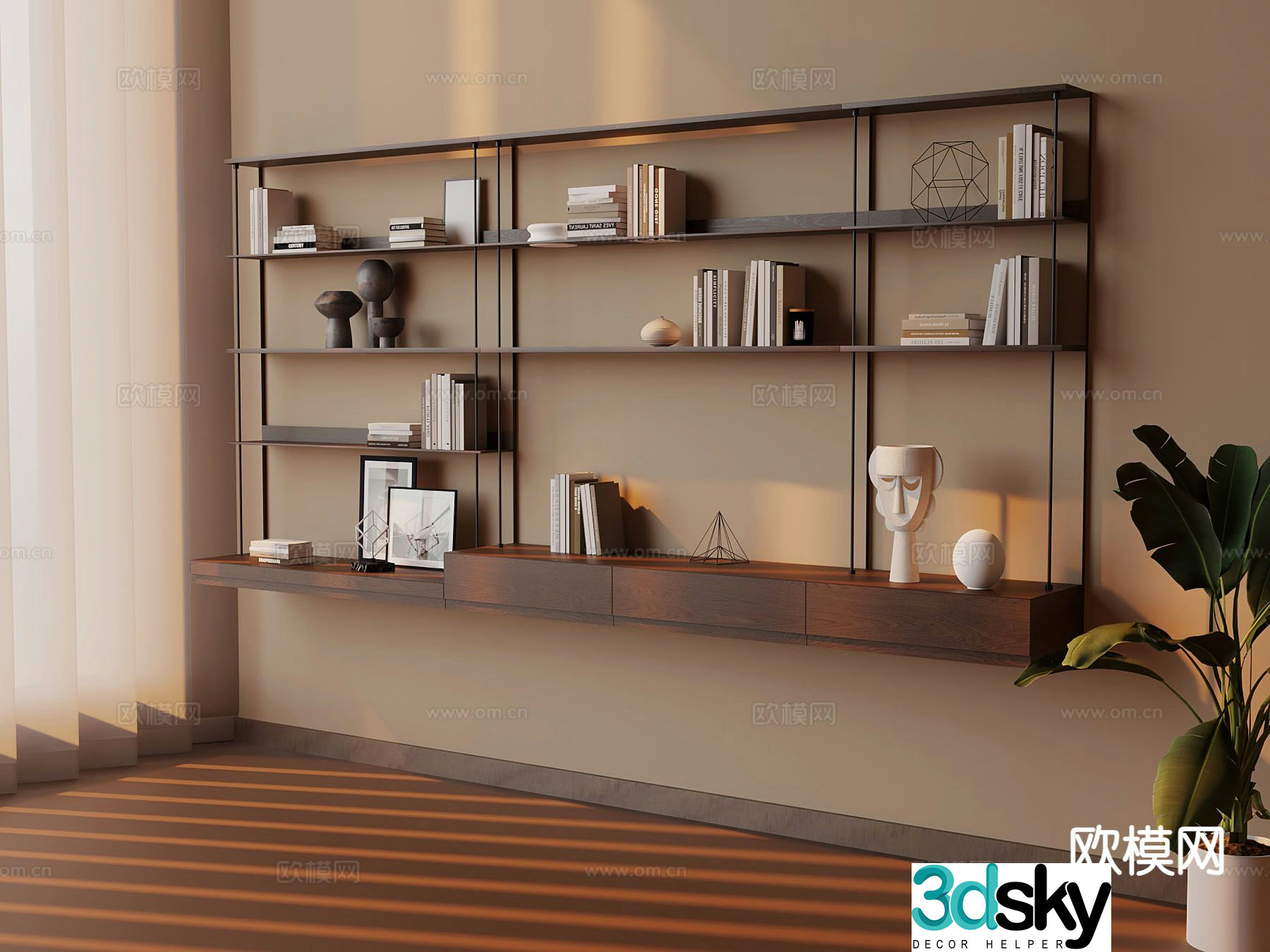Medieval style wall cabinet wall hanging bookshelf storage rack 3D model