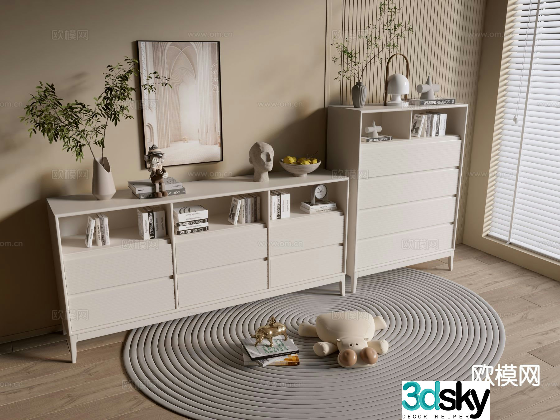 Cream style chest of drawers side cabinet 3d model
