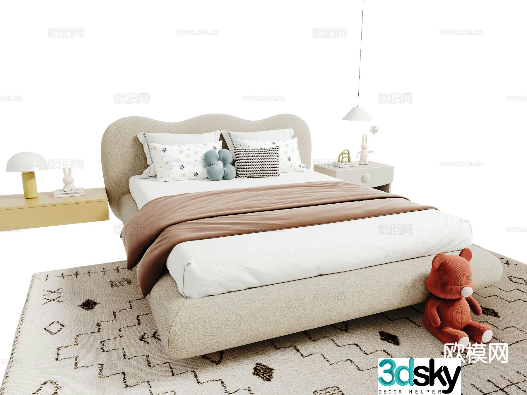 Cream style double bed girl bed 3d model
