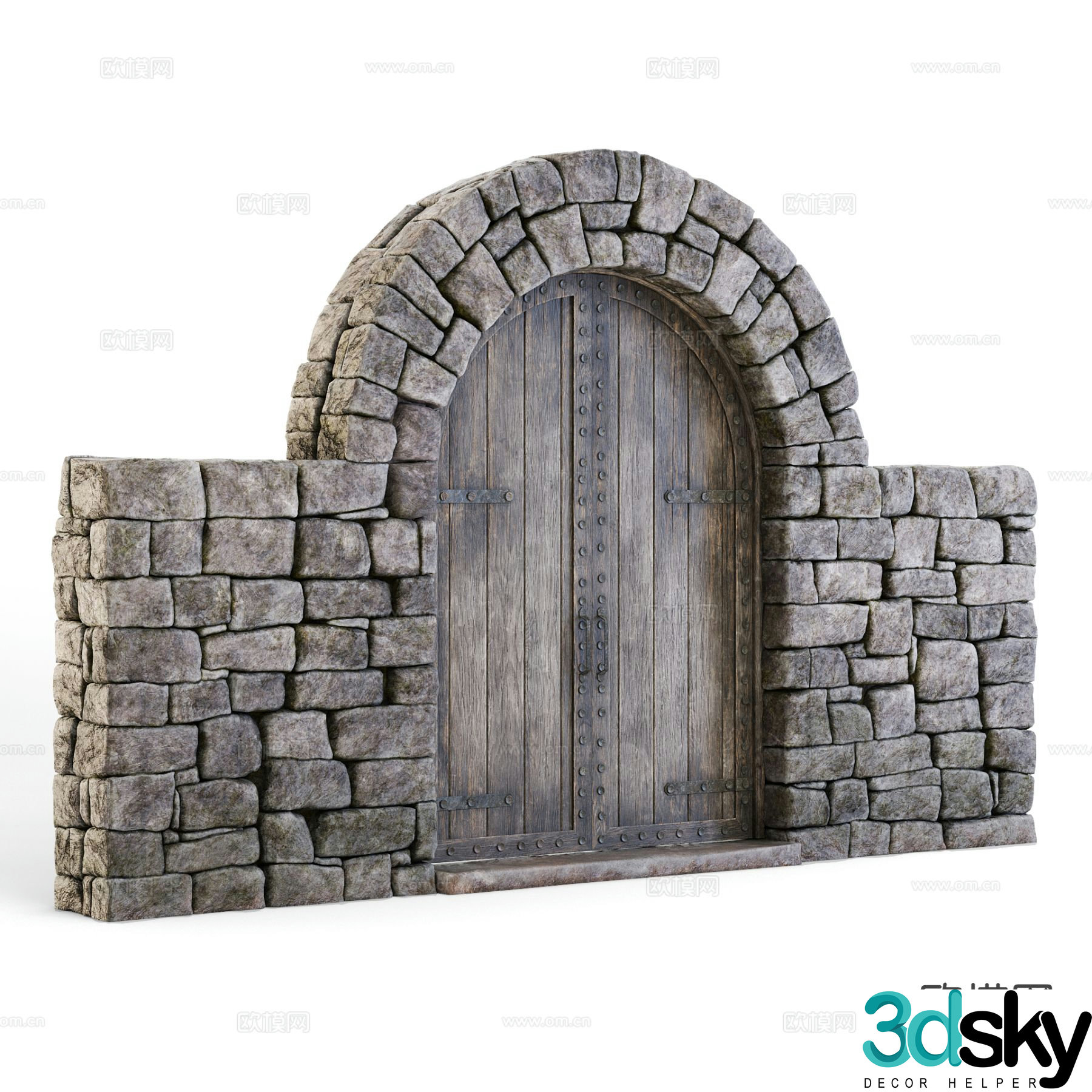 Rough stone wall brick wall wall retro wall tile stone wall wooden door 3d model