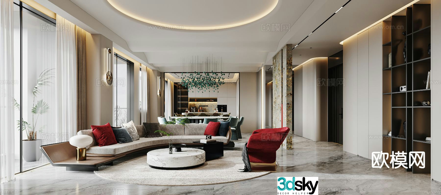 Light luxury large flat floor living room 3D model