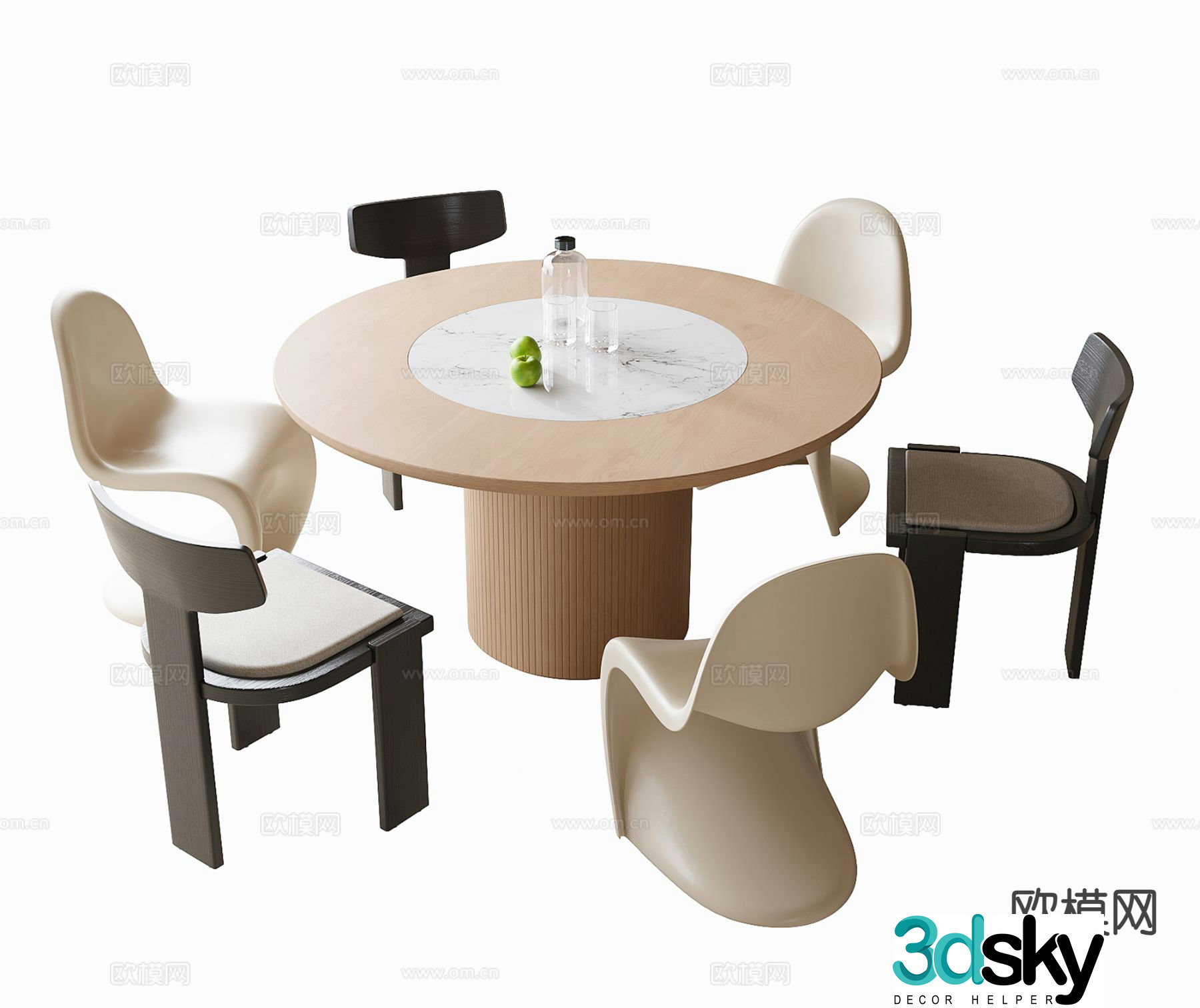 Round dining table and chairs solid wood dining table 3d model