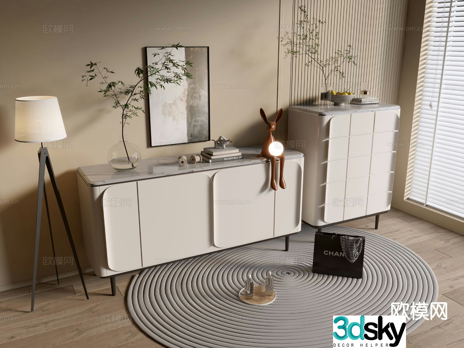 Cream style entrance cabinet side cabinet 3D model