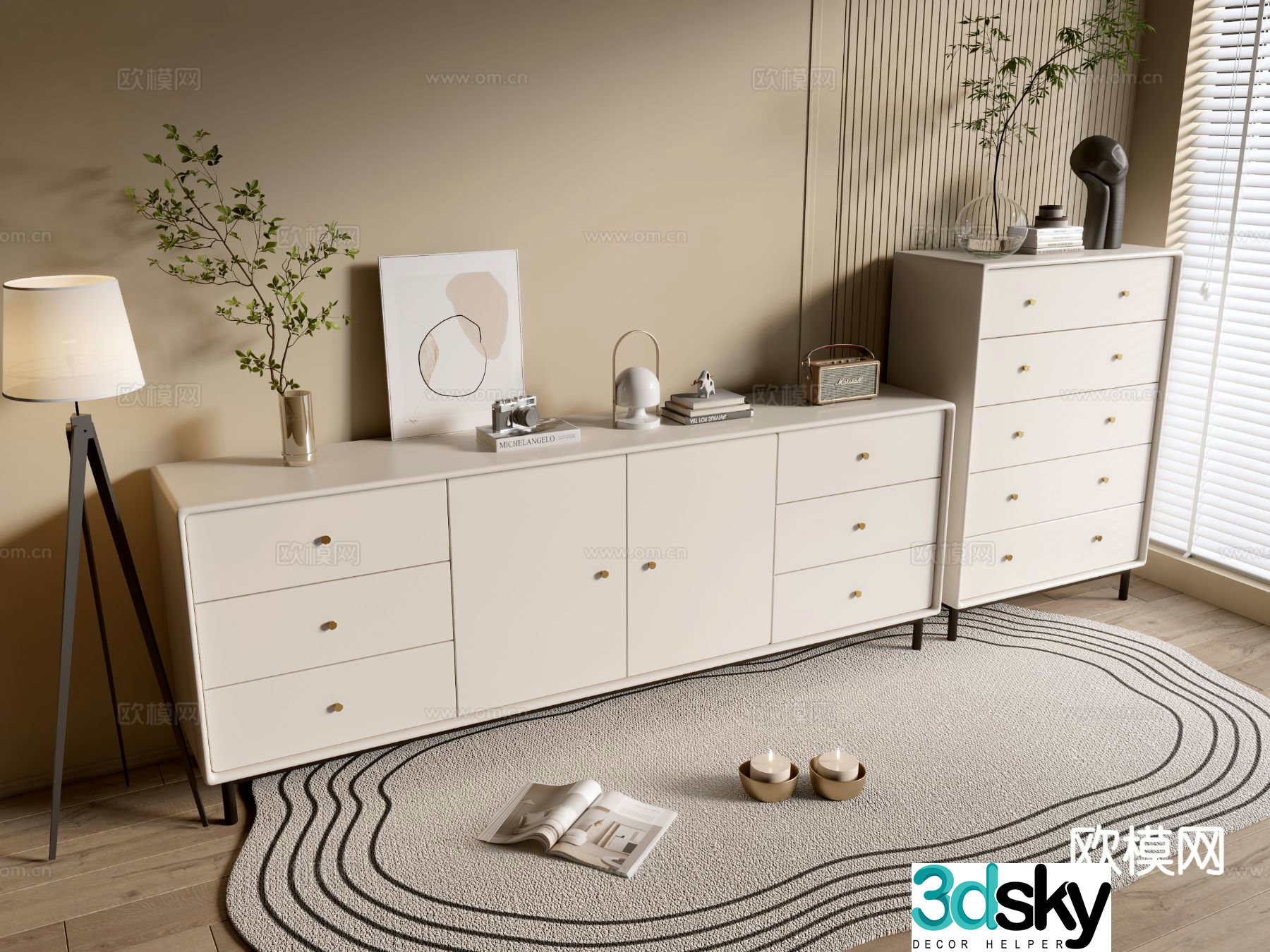 Cream style chest of drawers side cabinet 3d model