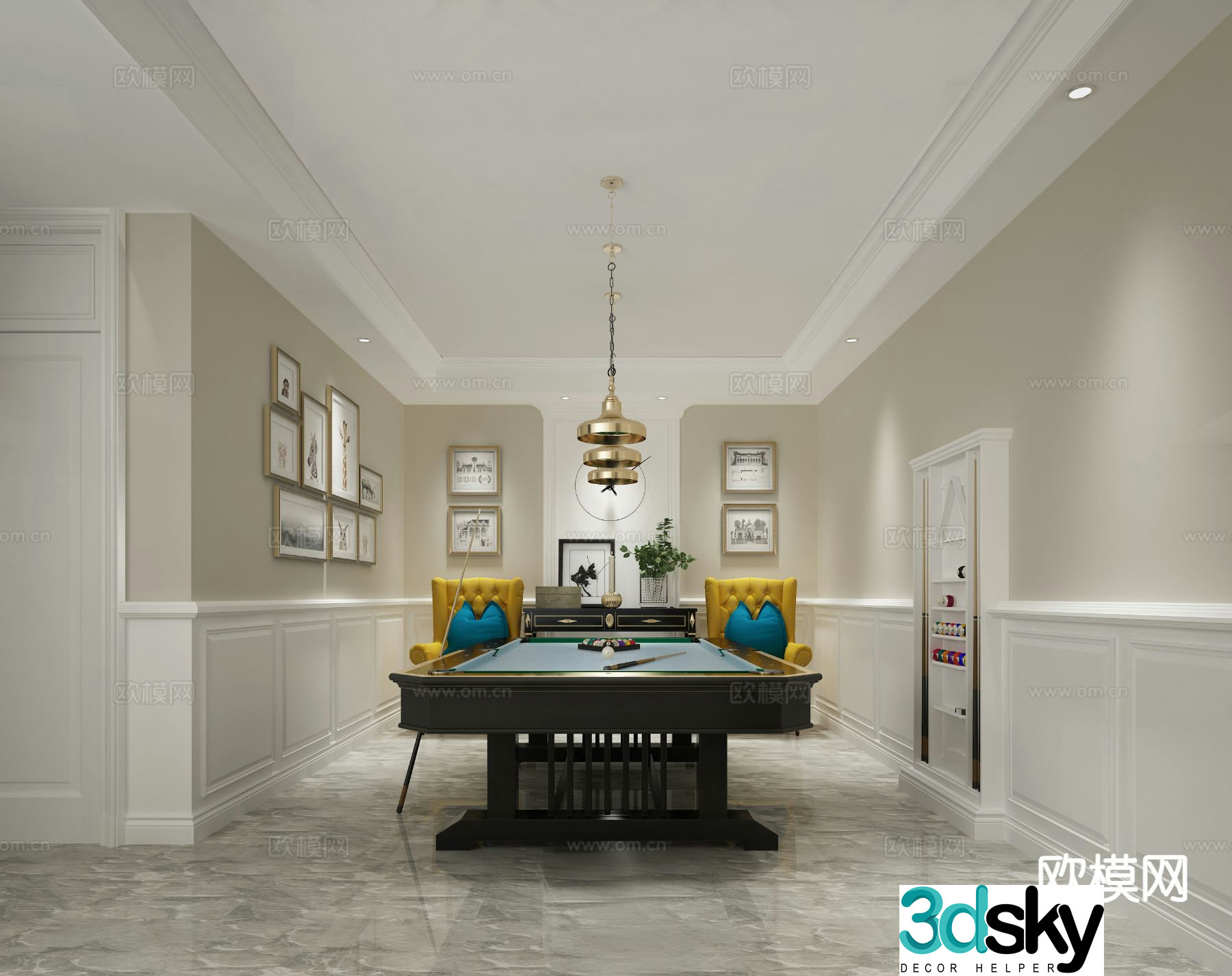 European style villa seating area billiard room 3D model