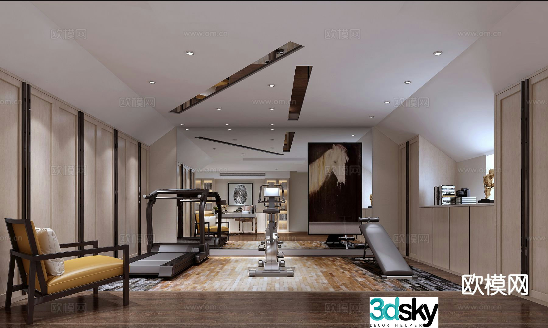 Modern gym treadmill leisure area 3d model