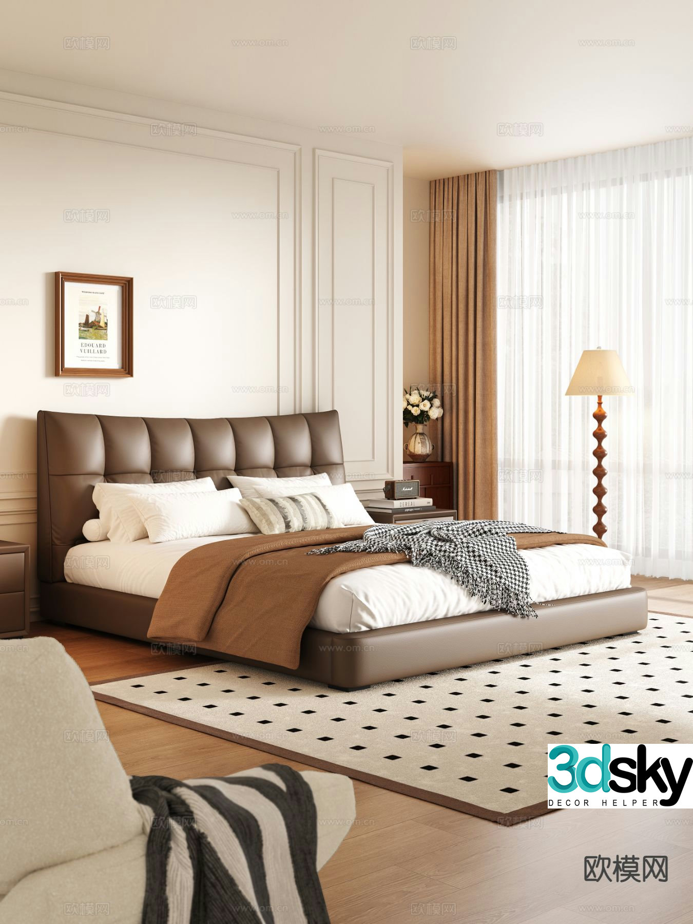 Medieval style double bed leather bed 3d model