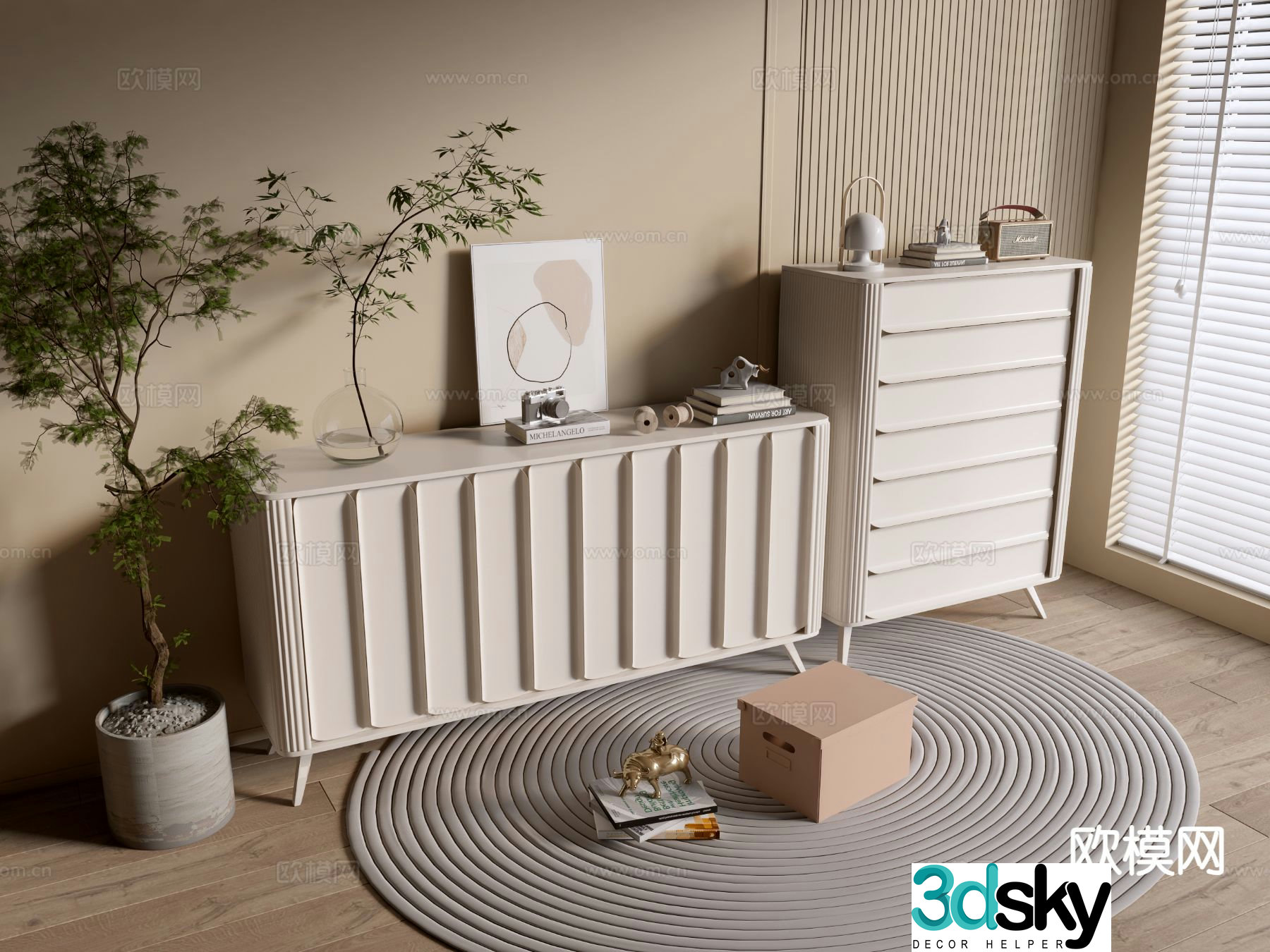 Cream style entrance cabinet side cabinet 3D model