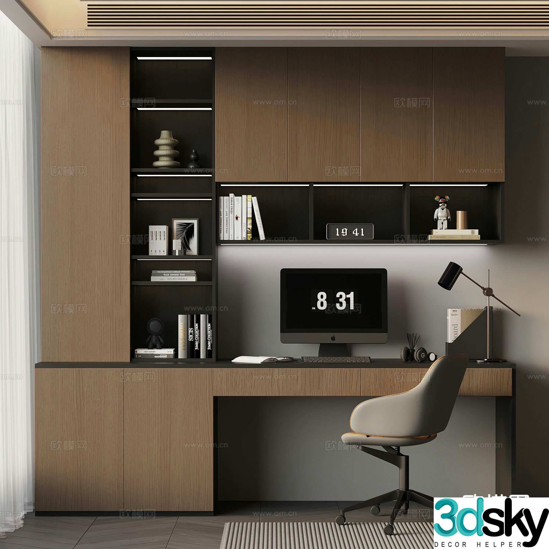 Italian style integrated bookcase desk chair 3d model