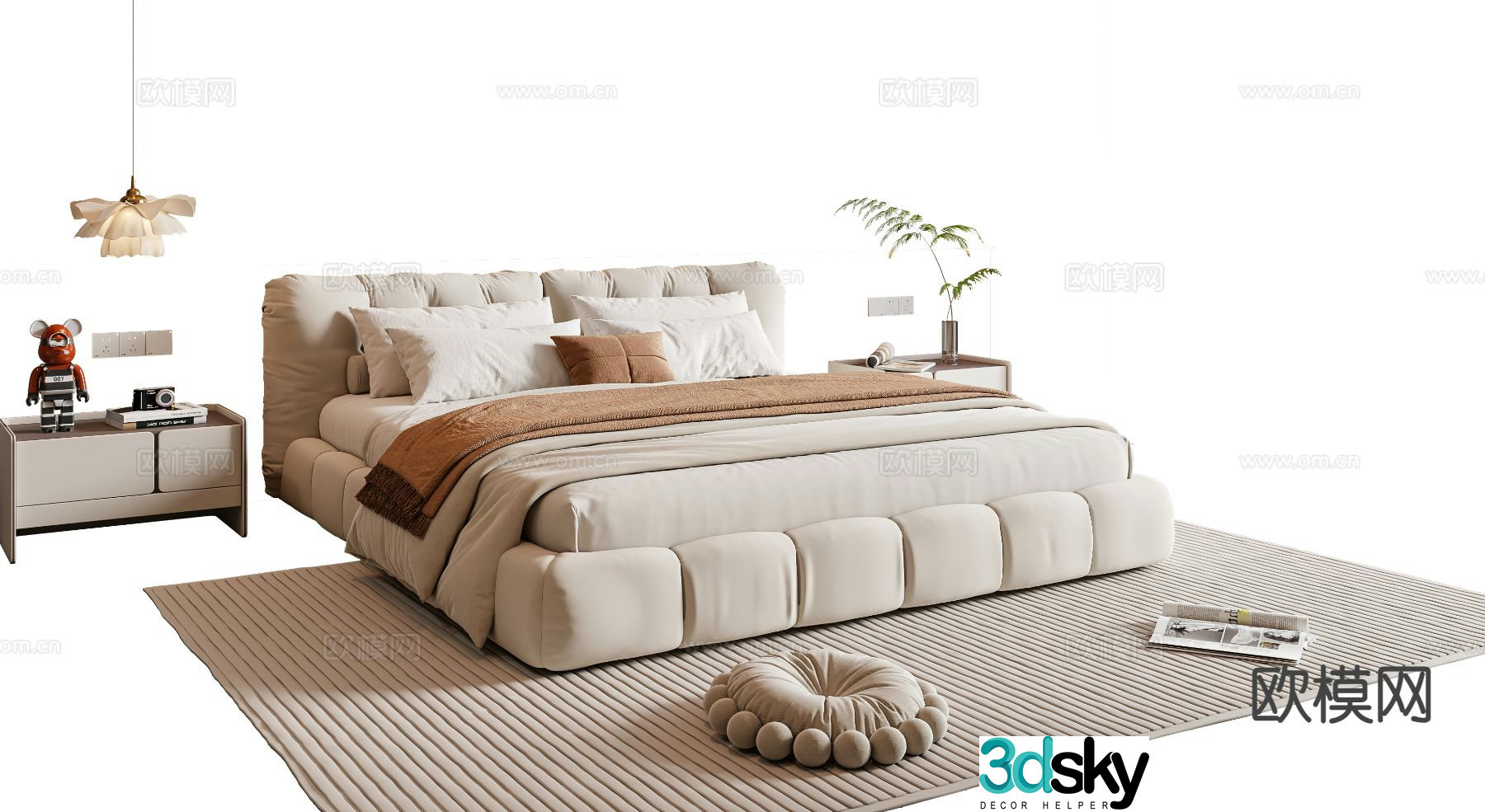 Cream style double bed 3d model