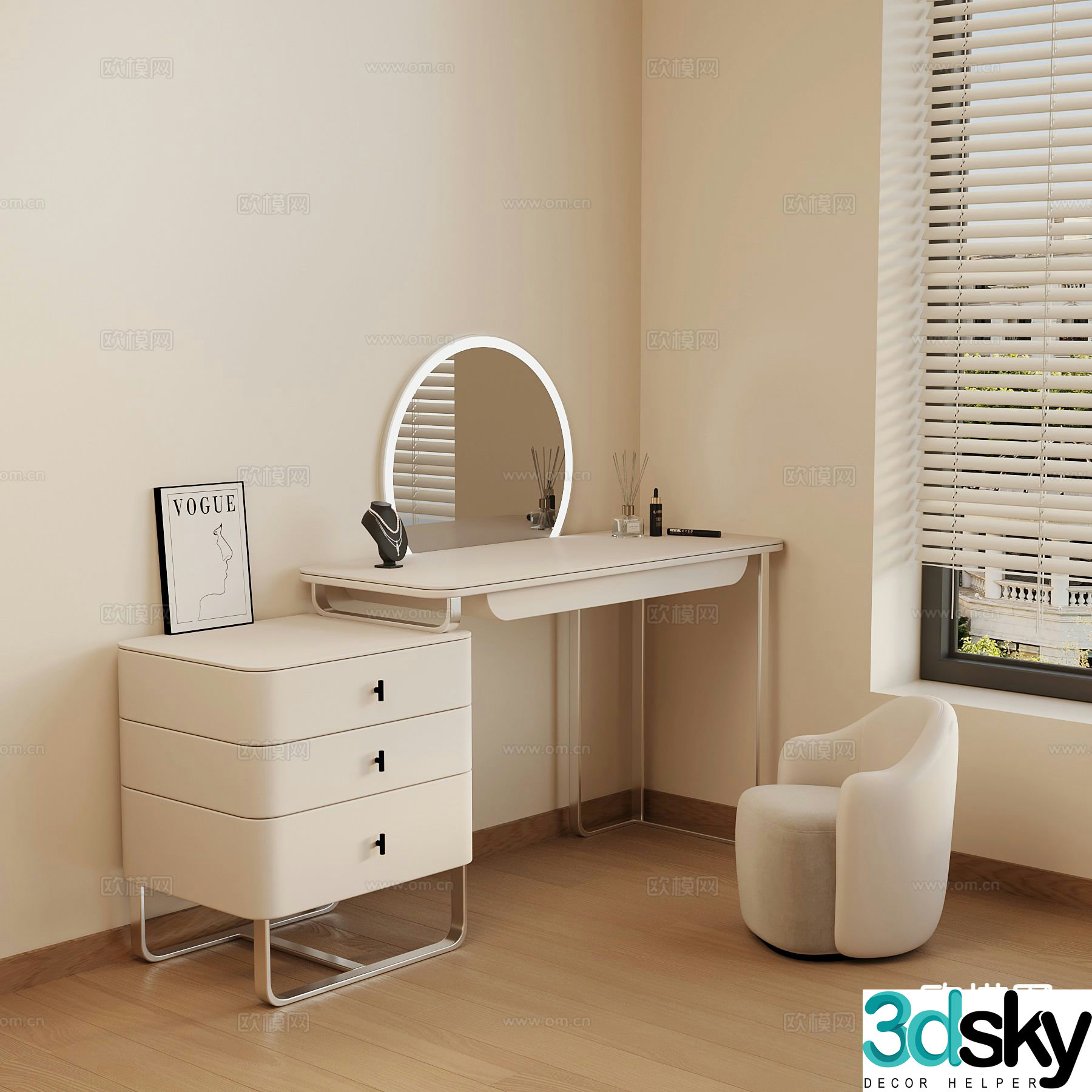 Cream style dressing table makeup table 3d model