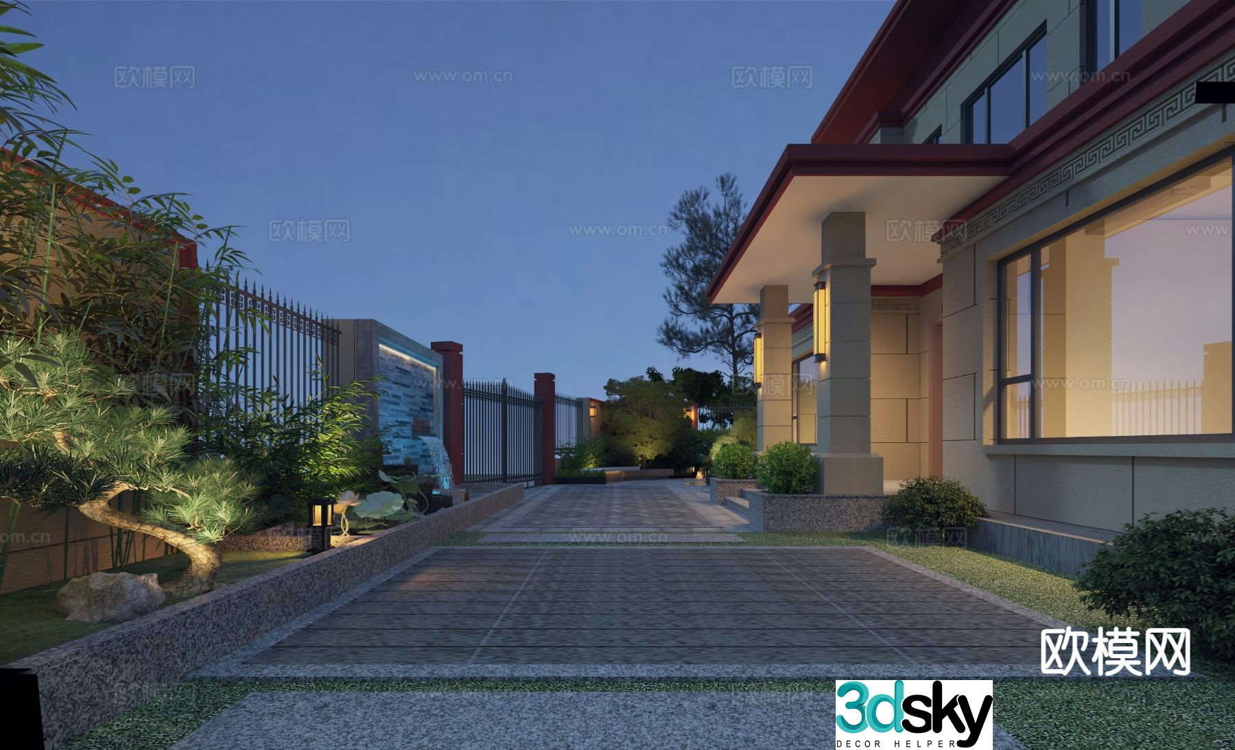 New Chinese style courtyard landscape night scene 3d model