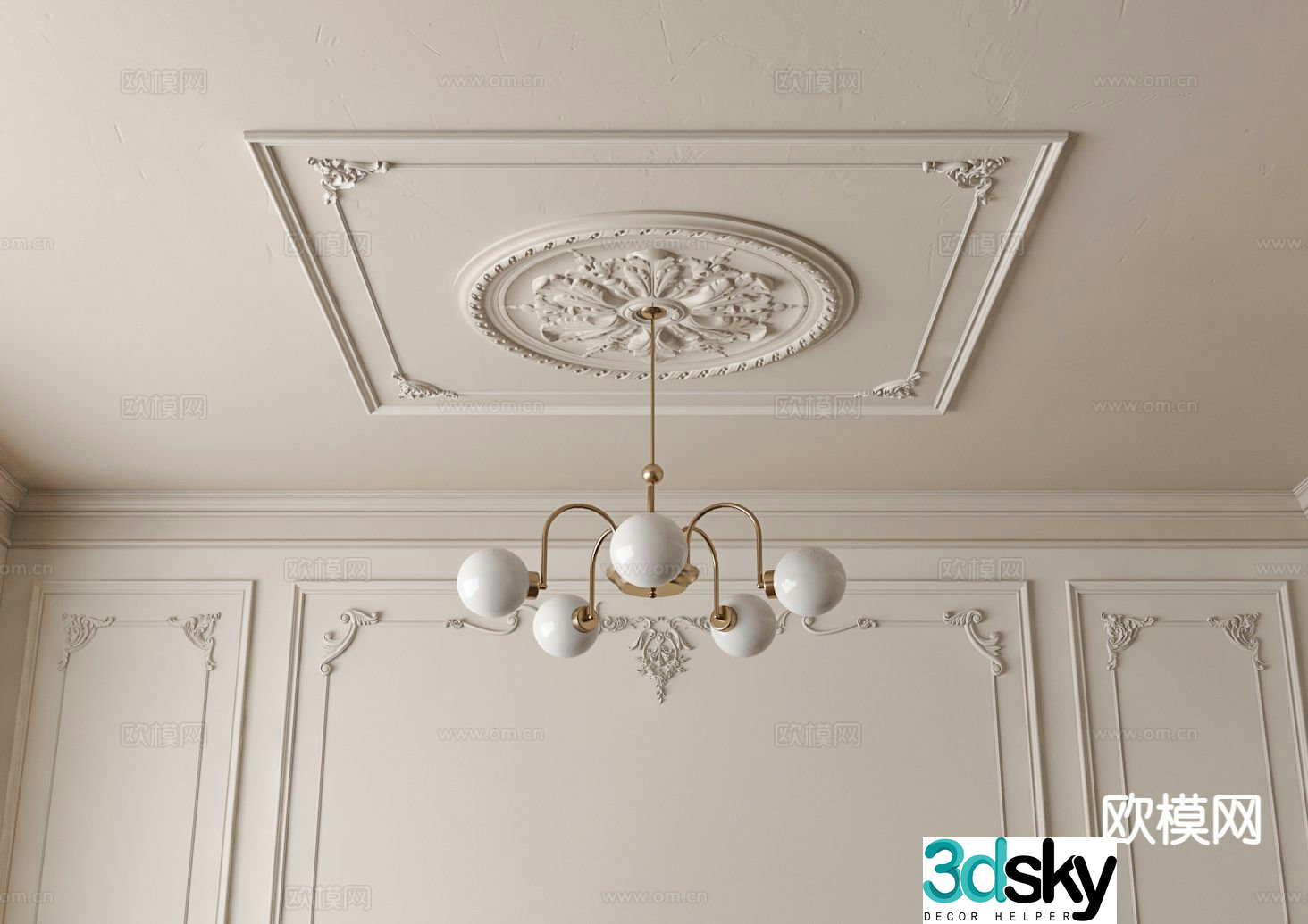 French multi-head chandelier carved lamp panel 3D model