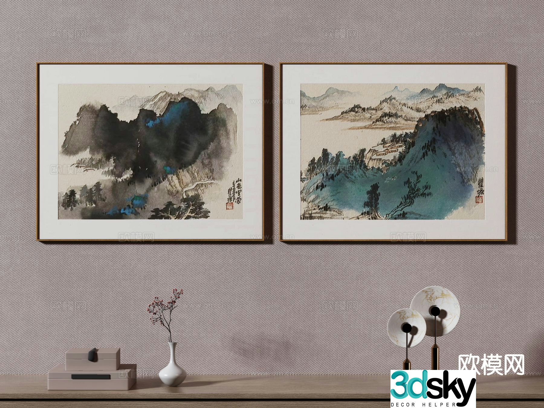 New Chinese style decorative painting ink painting Zen hanging painting 3D model