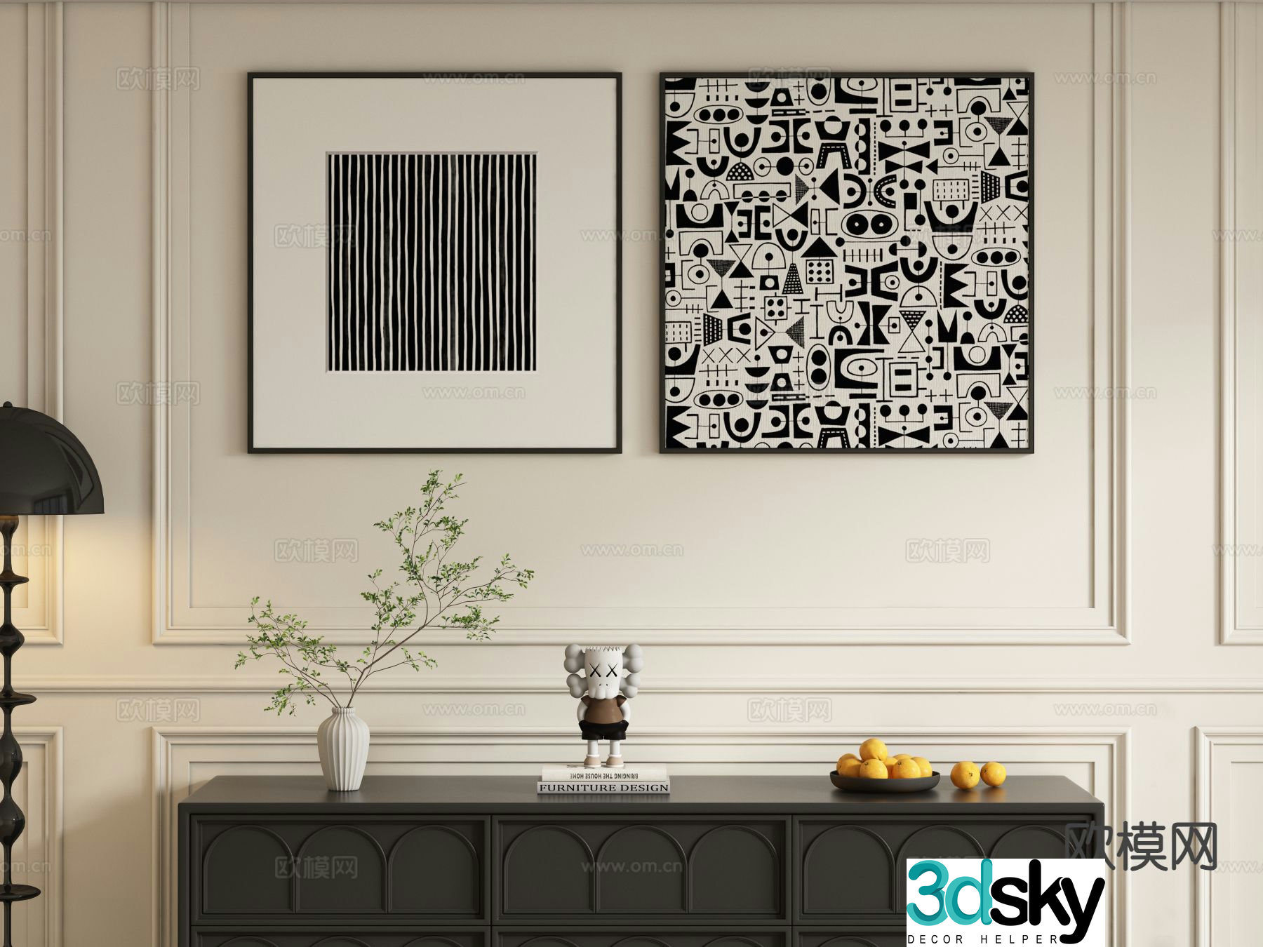 Modern minimalist painting abstract painting black and white hanging painting 3d model