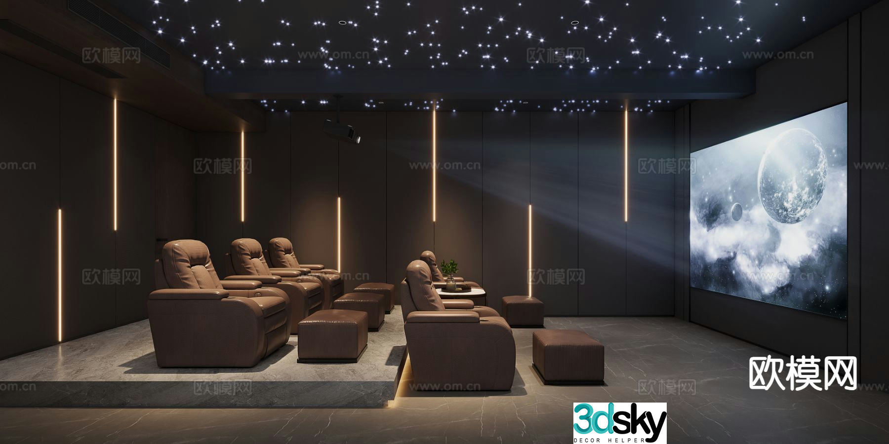 Modern audio-visual room starry sky roof audio-visual room 3D model