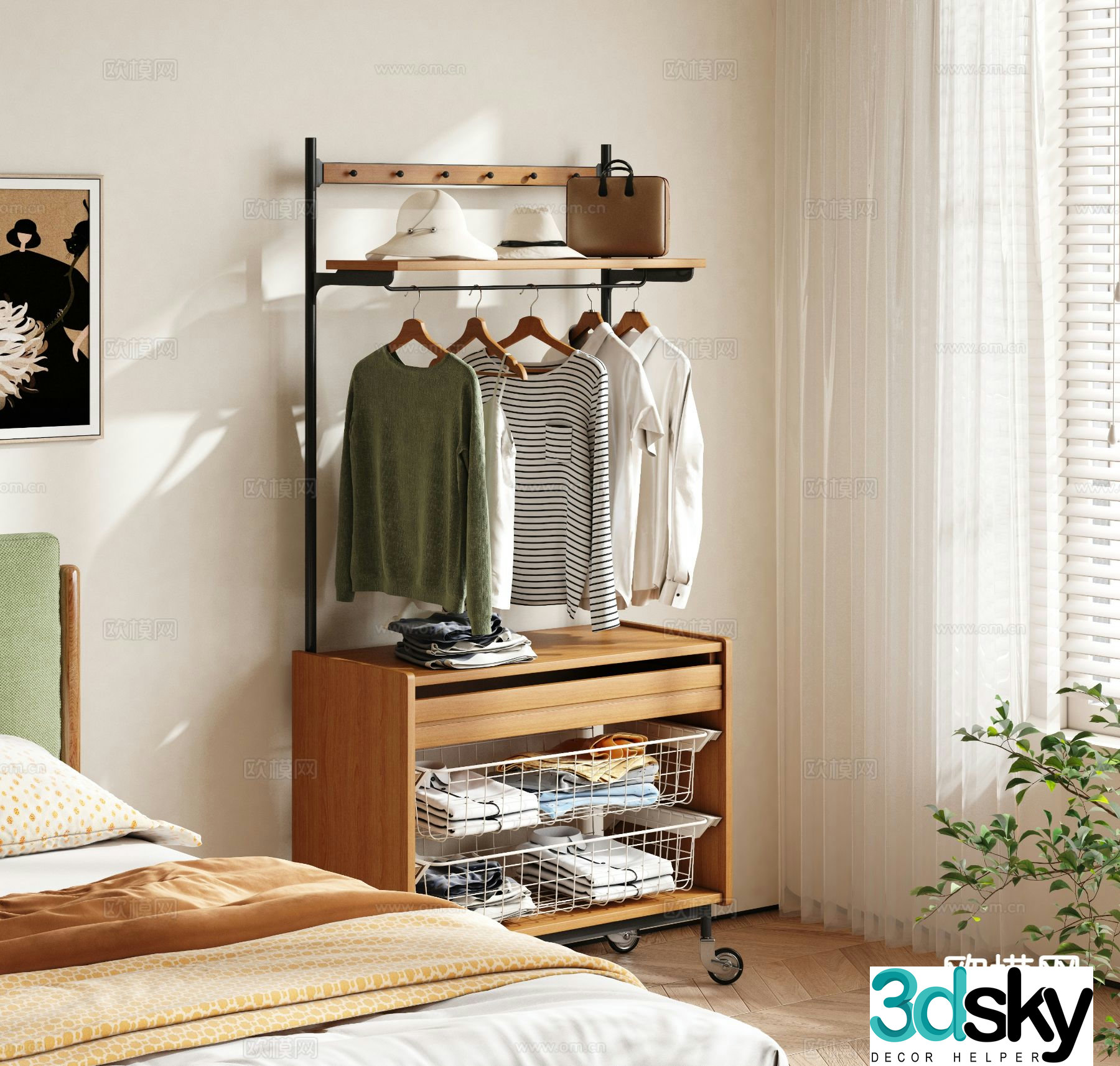 Log style floor-standing clothes rack mobile coat rack clothes hanger 3D model