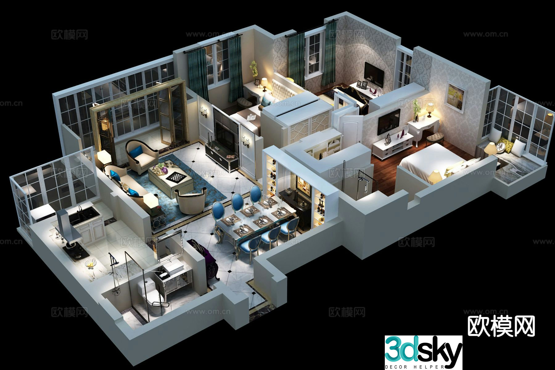 European style restaurant home decoration overall plan 3D model