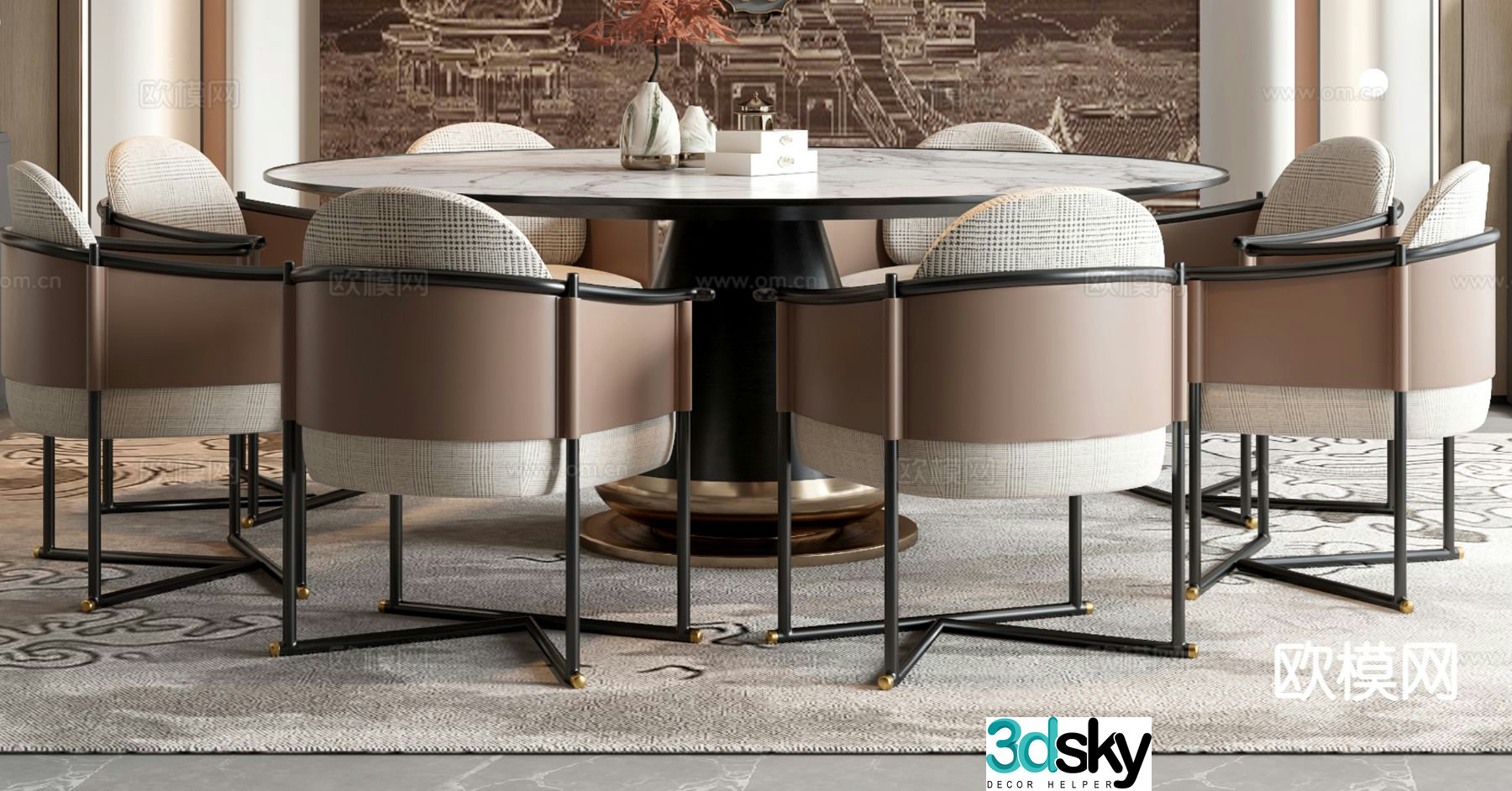 New Chinese style dining table and chairs round dining table 3d model