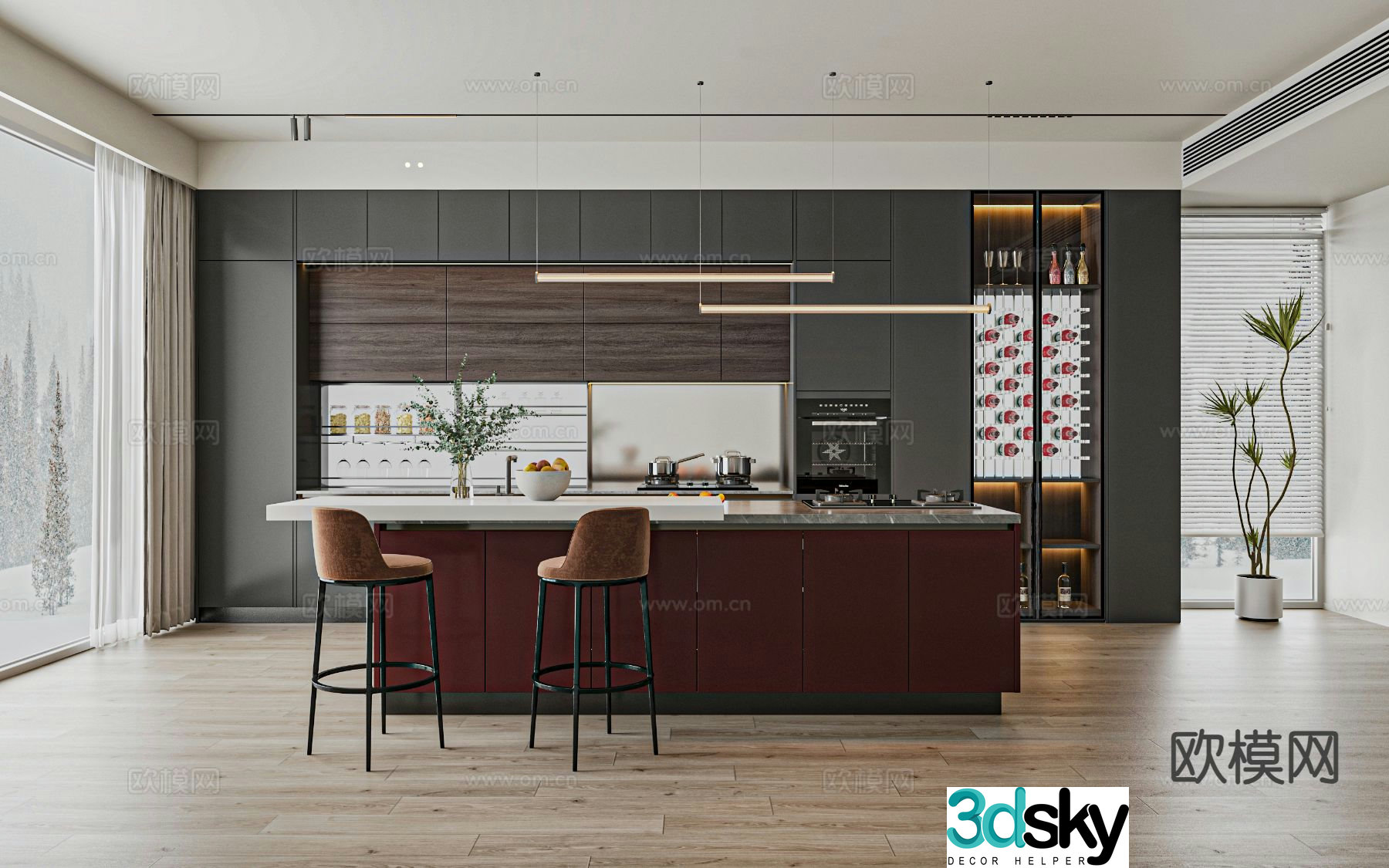 Open kitchen island bar 3D model