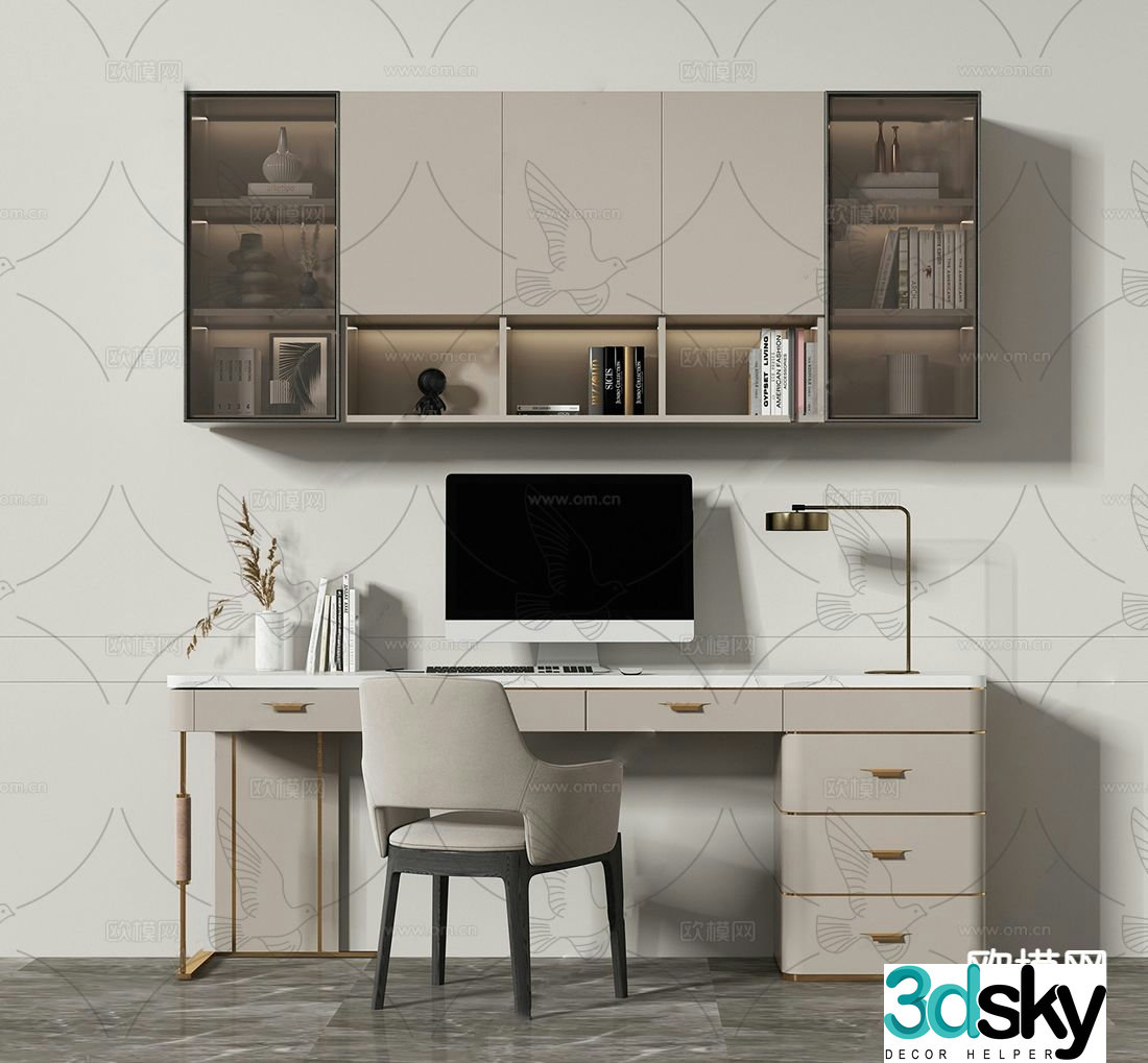 Modern desk chair wall mounted bookcase 3d model