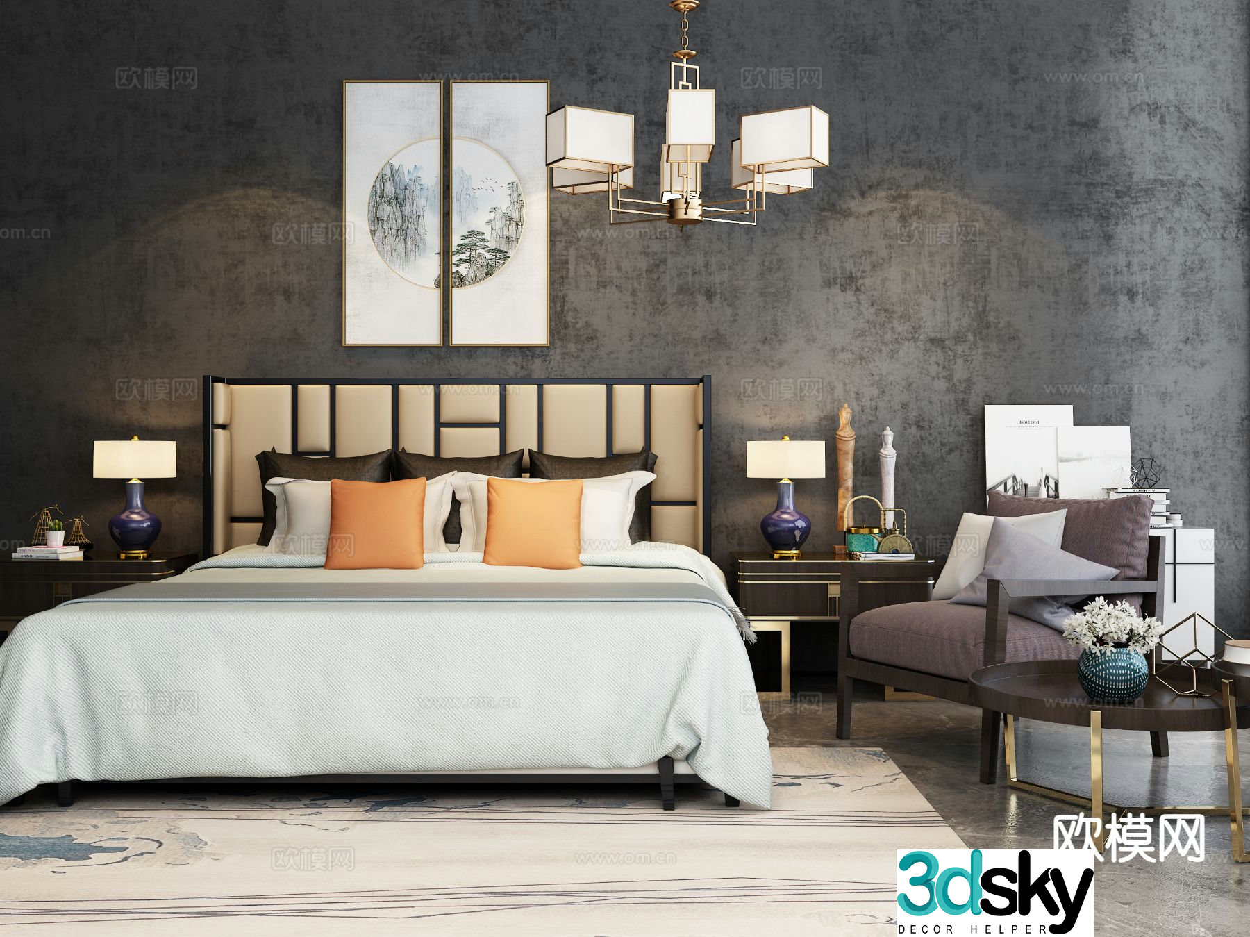 New Chinese style double bed 3d model