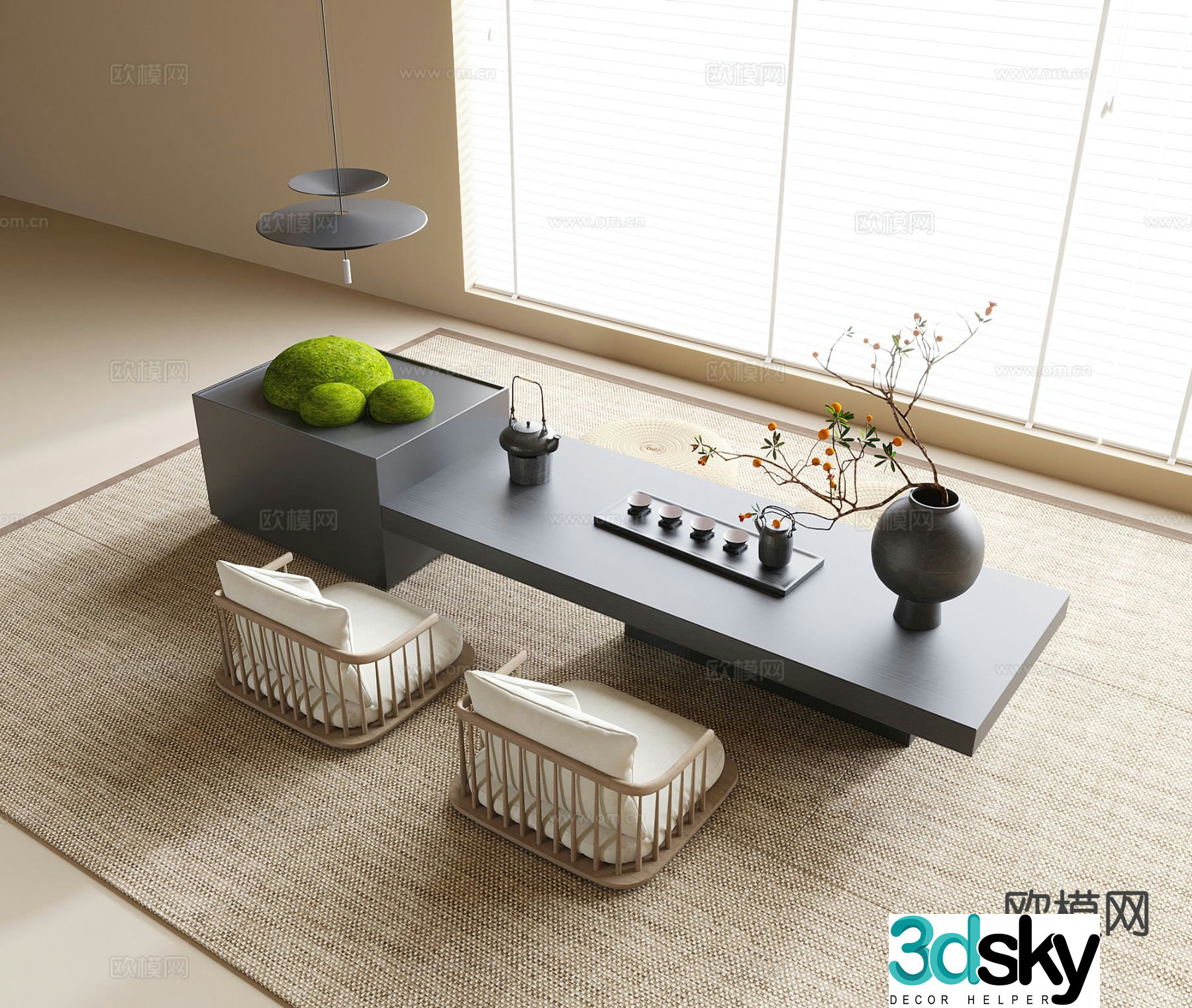Modern tatami tea table and chairs 3d model