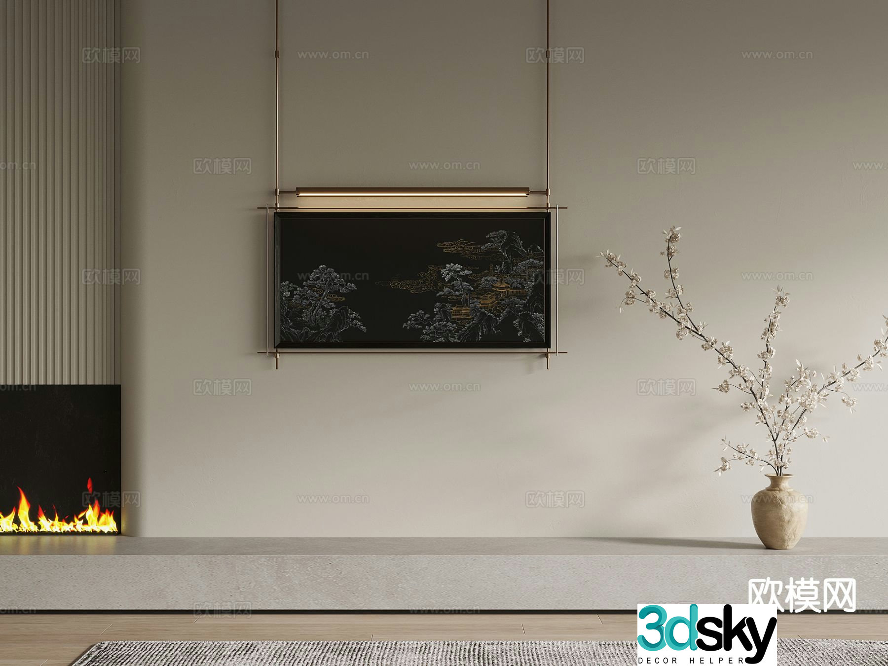 New Chinese style decorative painting metal pole hanging painting 3D model