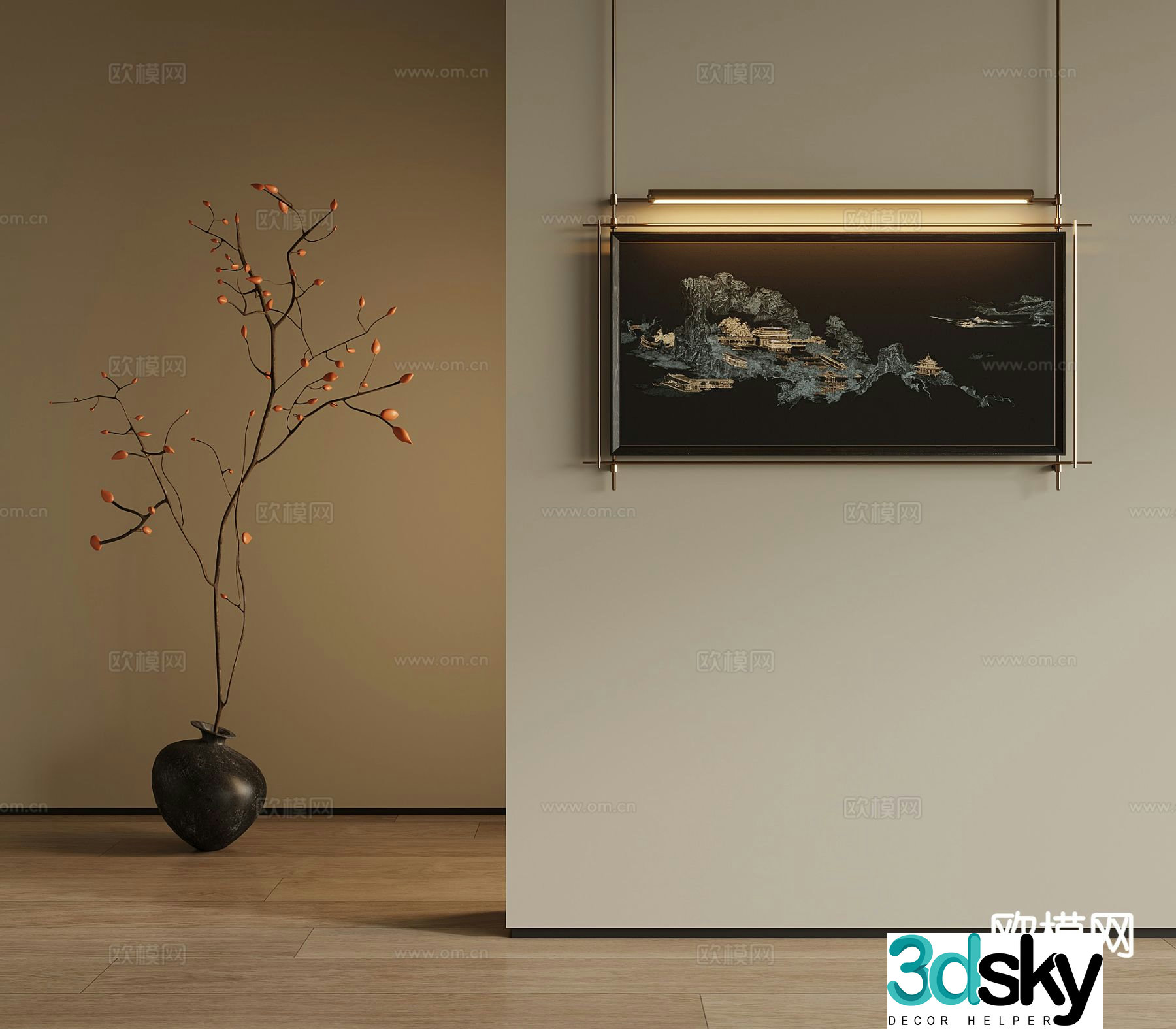 New Chinese style metal pole hanging painting decorative painting 3D model