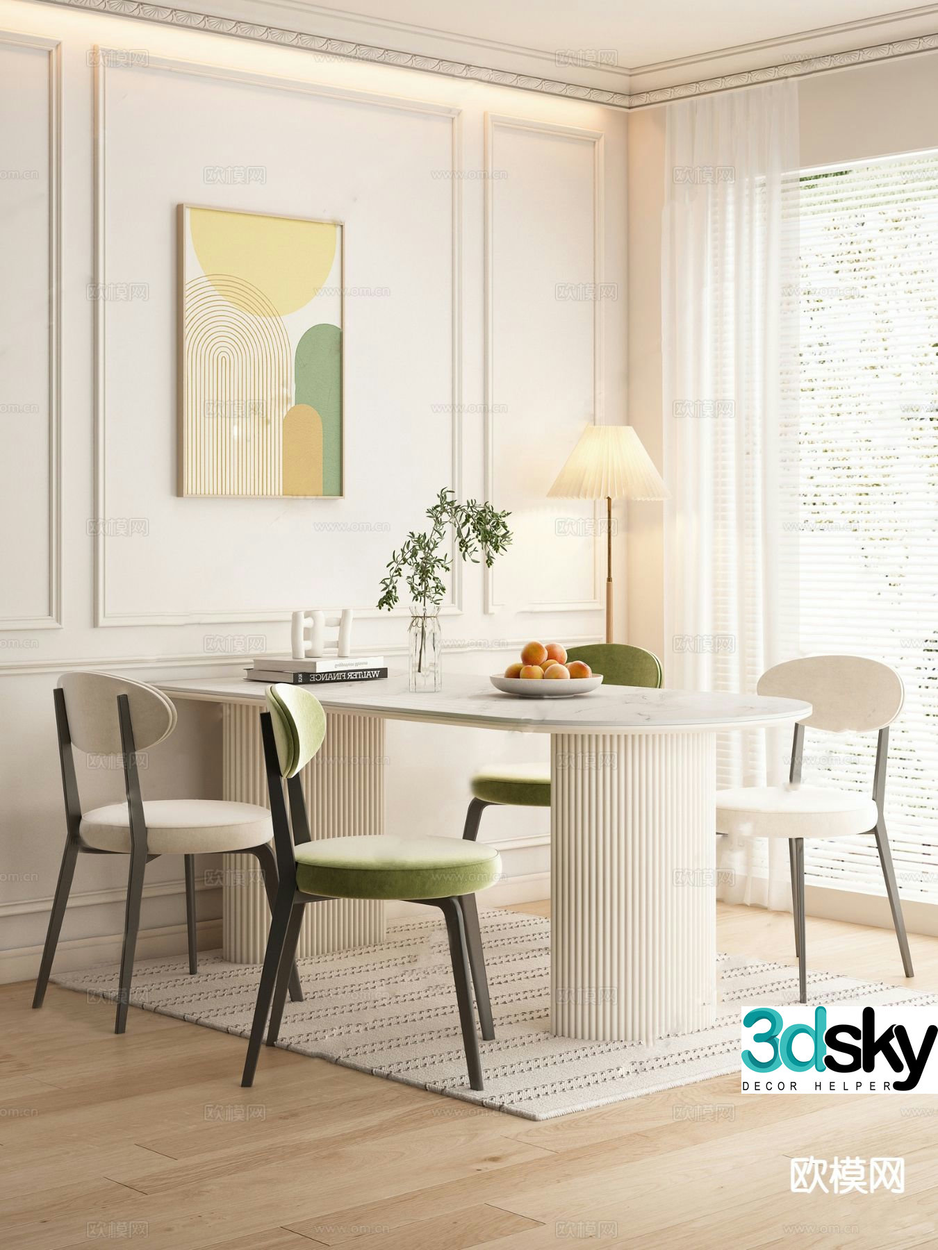 Cream style dining table and chairs 3d model