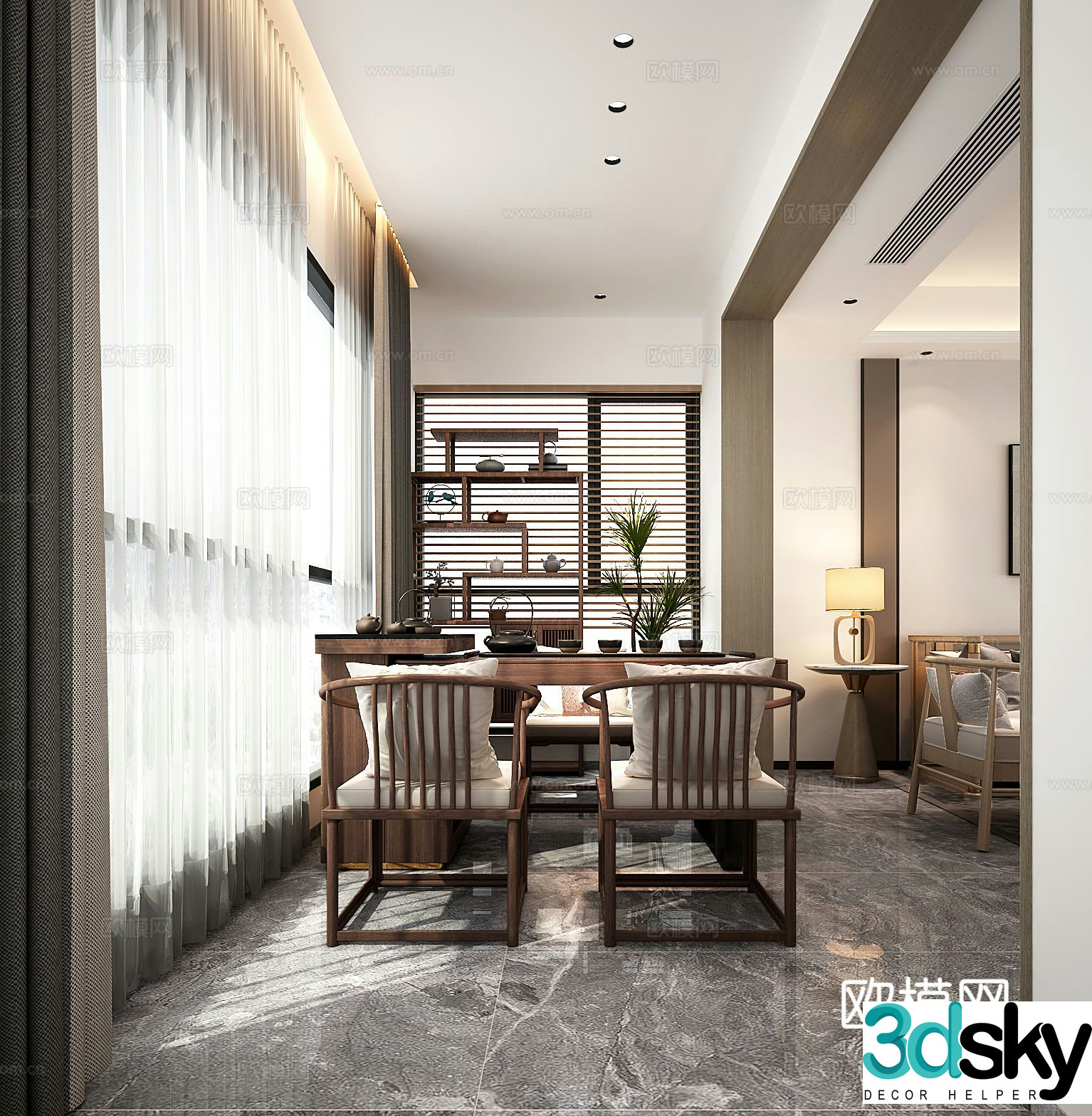 New Chinese style tea room balcony tea tasting area 3D model
