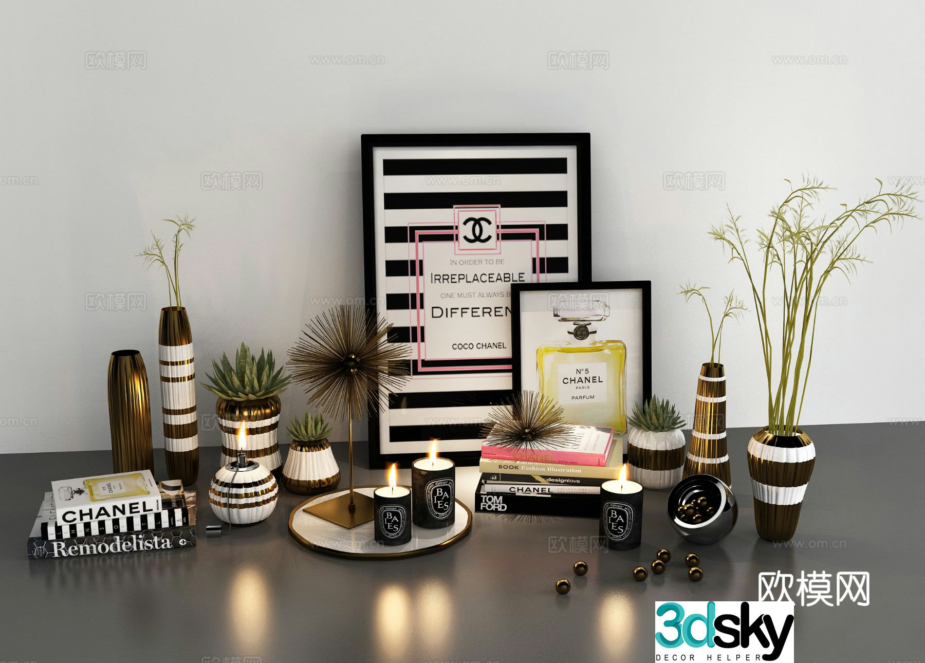 Modern furnishings books candlesticks decorations 3d model